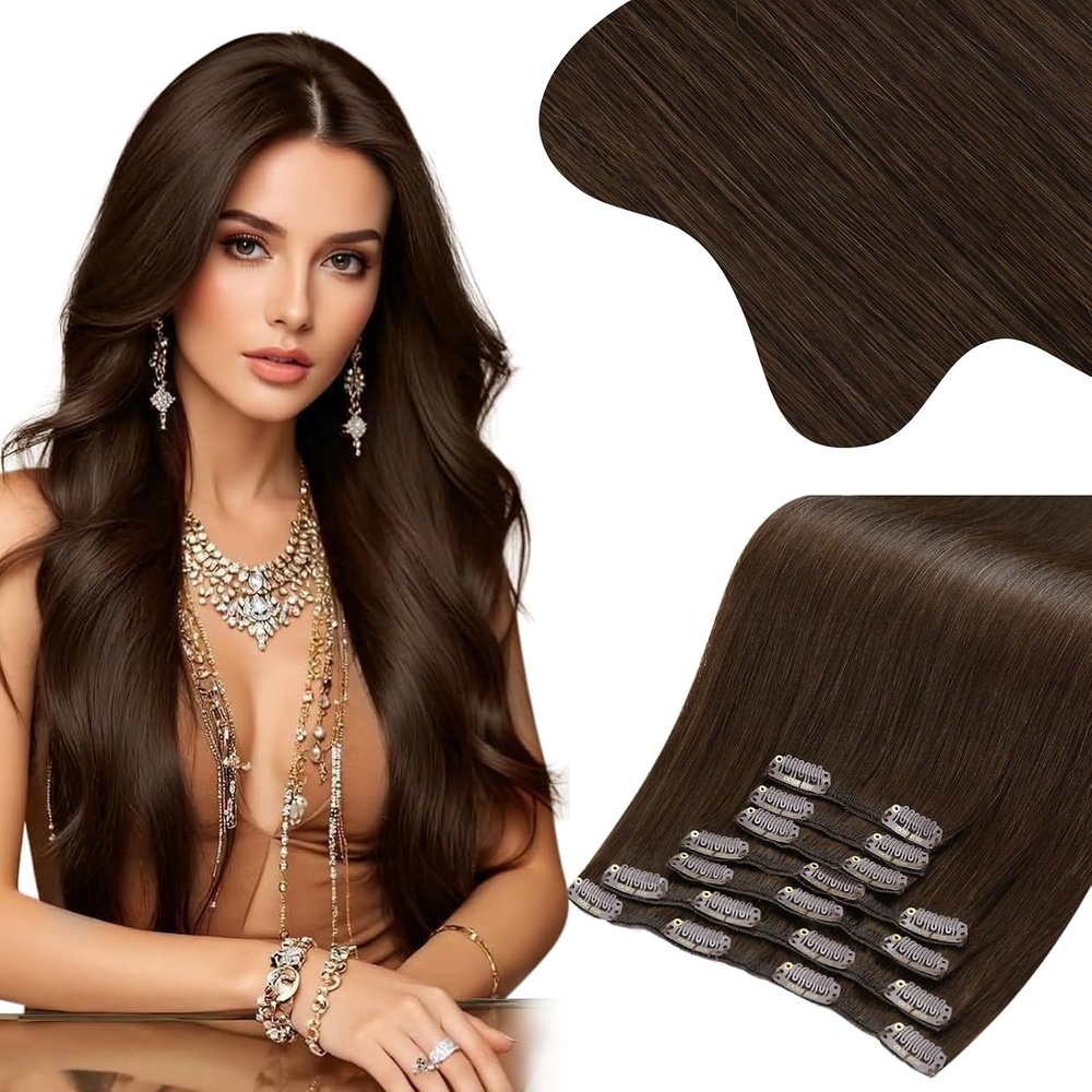 image:imageMoresoo Clip in Hair Extensions Dark Brown Full Head 16 inch 135g  Brown hair extensions clip ins rich espresso brown 135g 7pcs smooth straight texture for fullhead coverage and added body