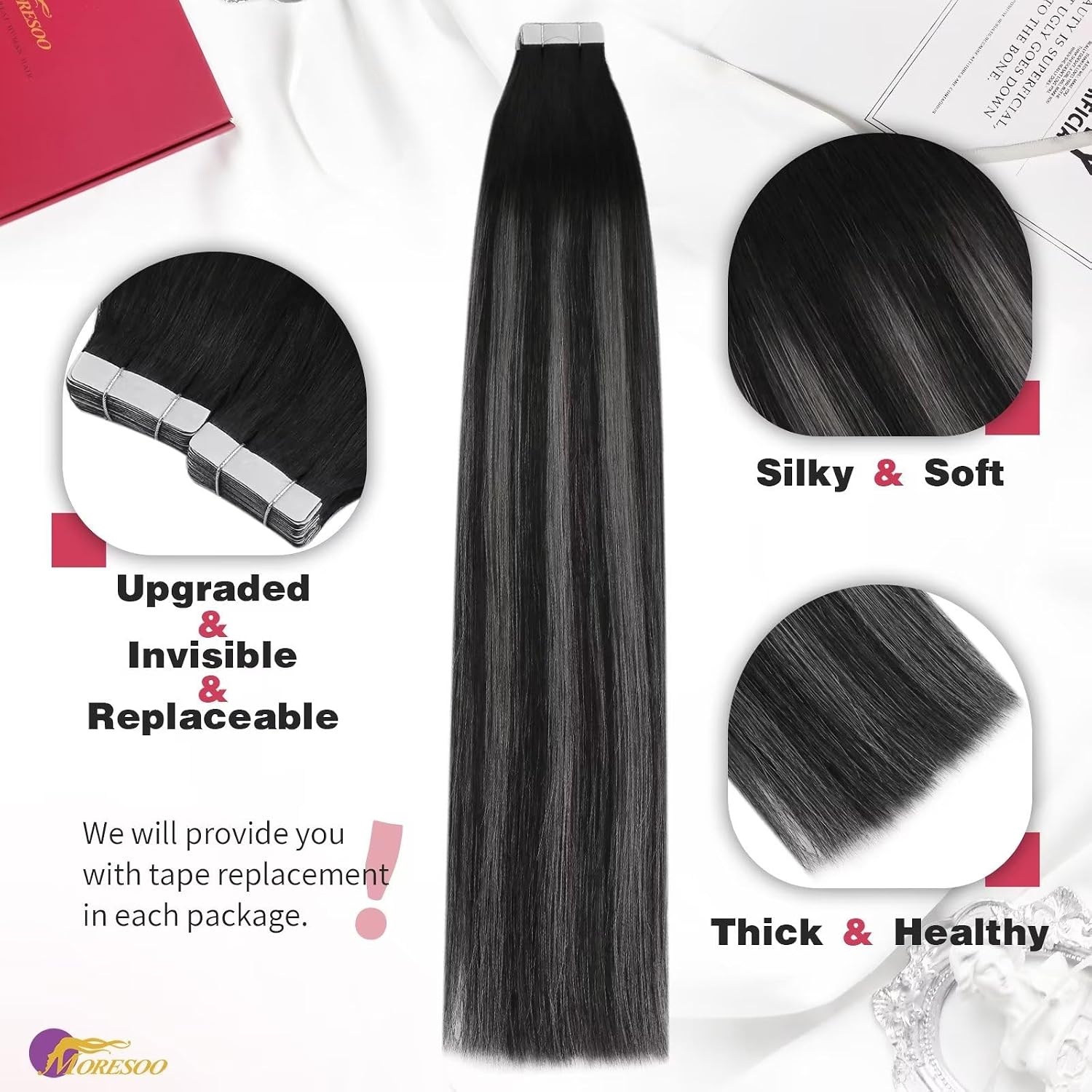 image:imageMoresoo Seamless Microlink Hair Extensions Real Hair Balayage Natural Black to Grey Silver Tape in Hair Extensions Human Hair 50g50s 20pcs50g 16inch Bundle