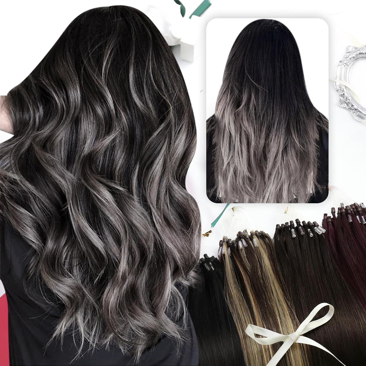 image:imageMoresoo Seamless Microlink Hair Extensions Real Hair Balayage Natural Black to Grey Silver Tape in Hair Extensions Human Hair 50g50s 20pcs50g 16inch Bundle