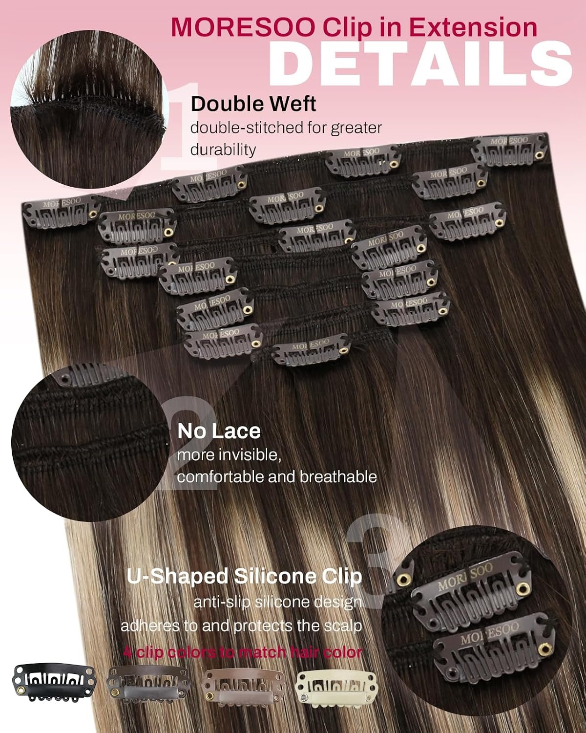 image:imageMoresoo Clip in Hair Extensions Copper Orange Human Hair 20 inch 120g P427 Highlights Dark Brown with Honey Blonde