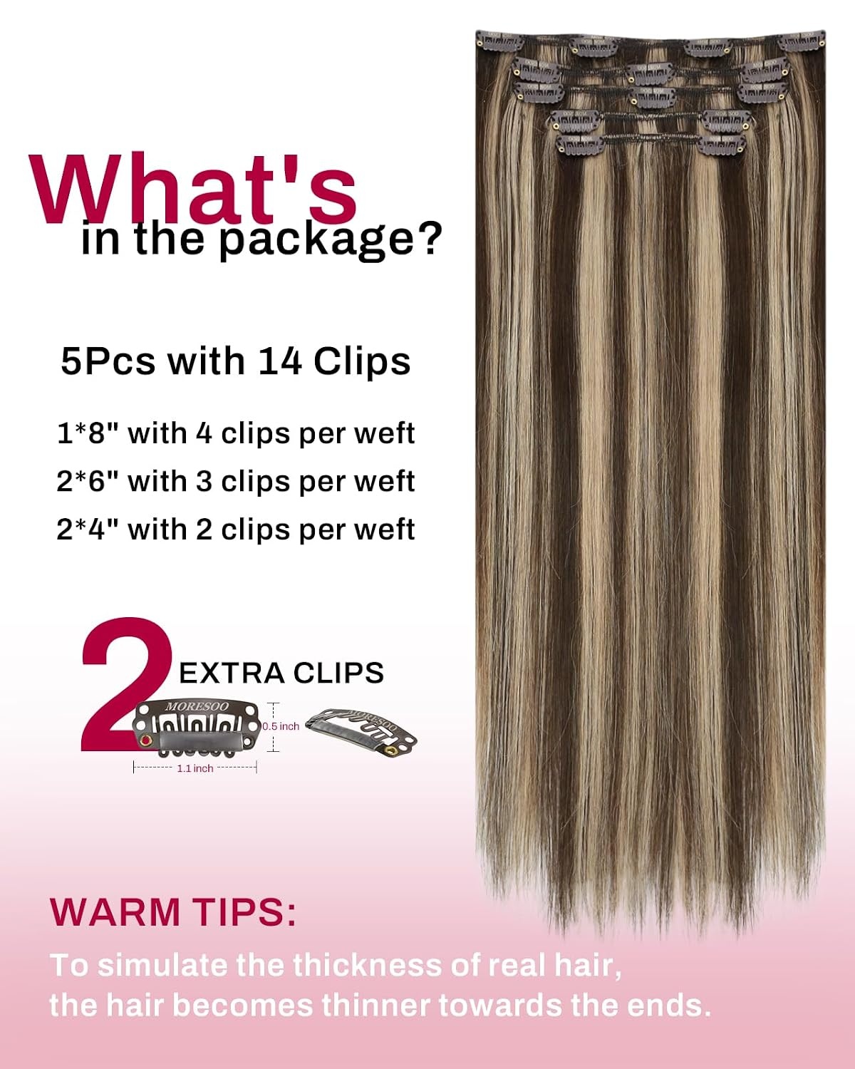 image:imageMoresoo Clip in Hair Extensions Copper Orange Human Hair 20 inch 120g P427 Highlights Dark Brown with Honey Blonde