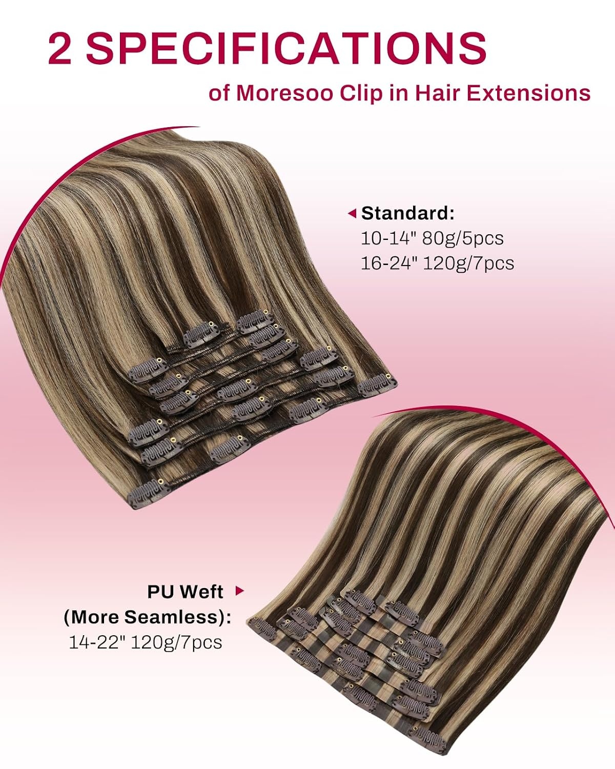 image:imageMoresoo Clip in Hair Extensions Copper Orange Human Hair 20 inch 120g P427 Highlights Dark Brown with Honey Blonde
