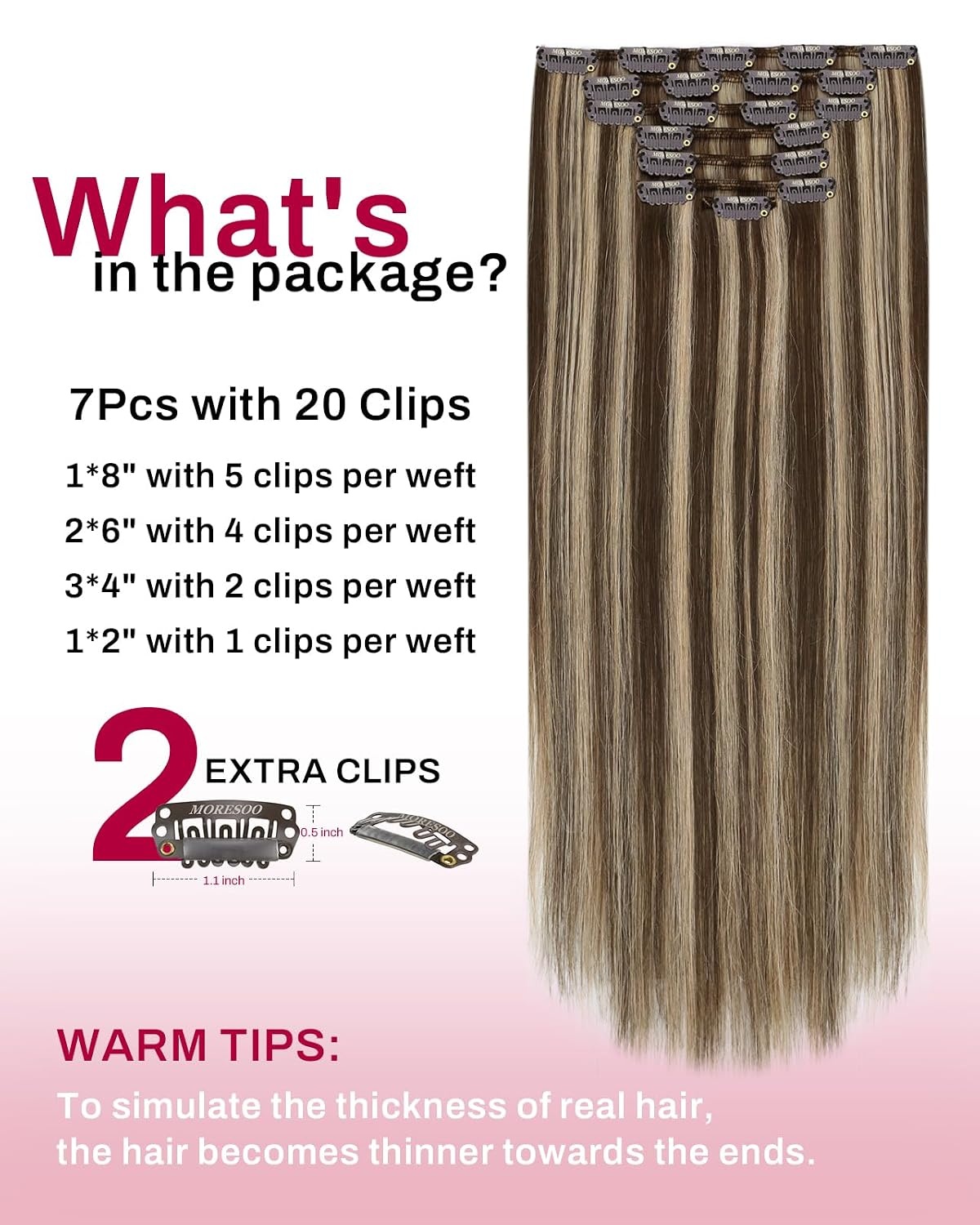 image:imageMoresoo Clip in Hair Extensions Copper Orange Human Hair 20 inch 120g P427 Highlights Dark Brown with Honey Blonde