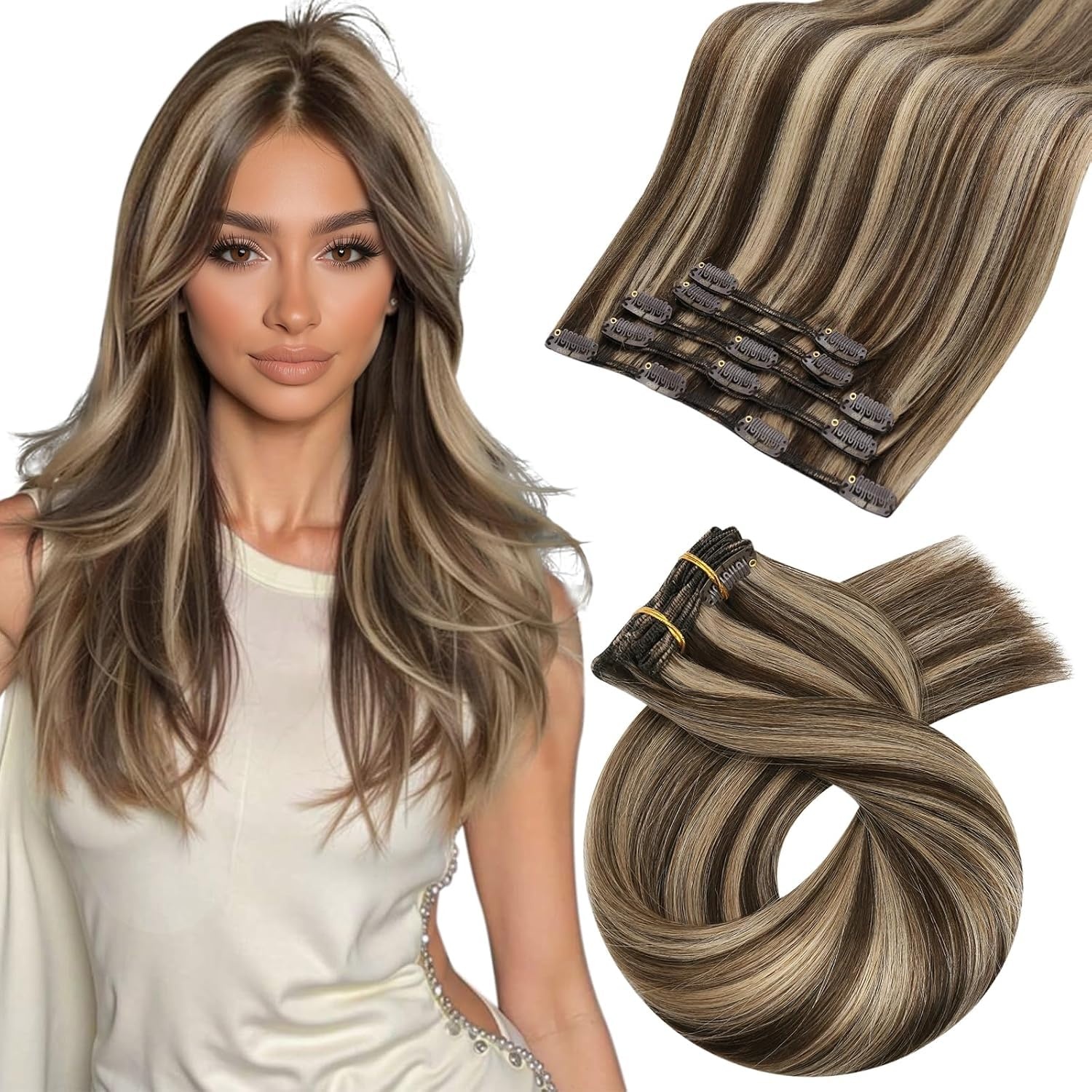 image:imageMoresoo Clip in Hair Extensions Copper Orange Human Hair 20 inch 120g P427 Highlights Dark Brown with Honey Blonde
