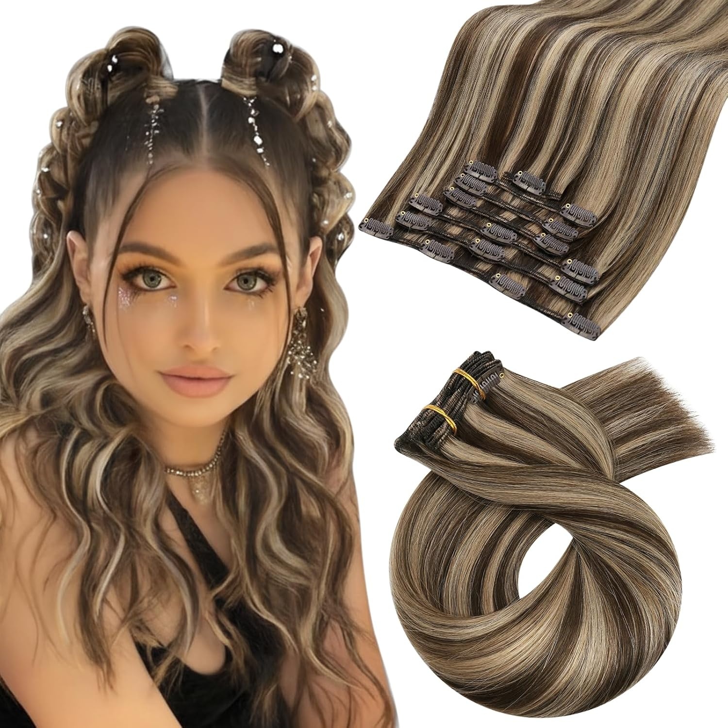 image:imageMoresoo Clip in Hair Extensions Copper Orange Human Hair 20 inch 120g P427 Highlights Dark Brown with Honey Blonde