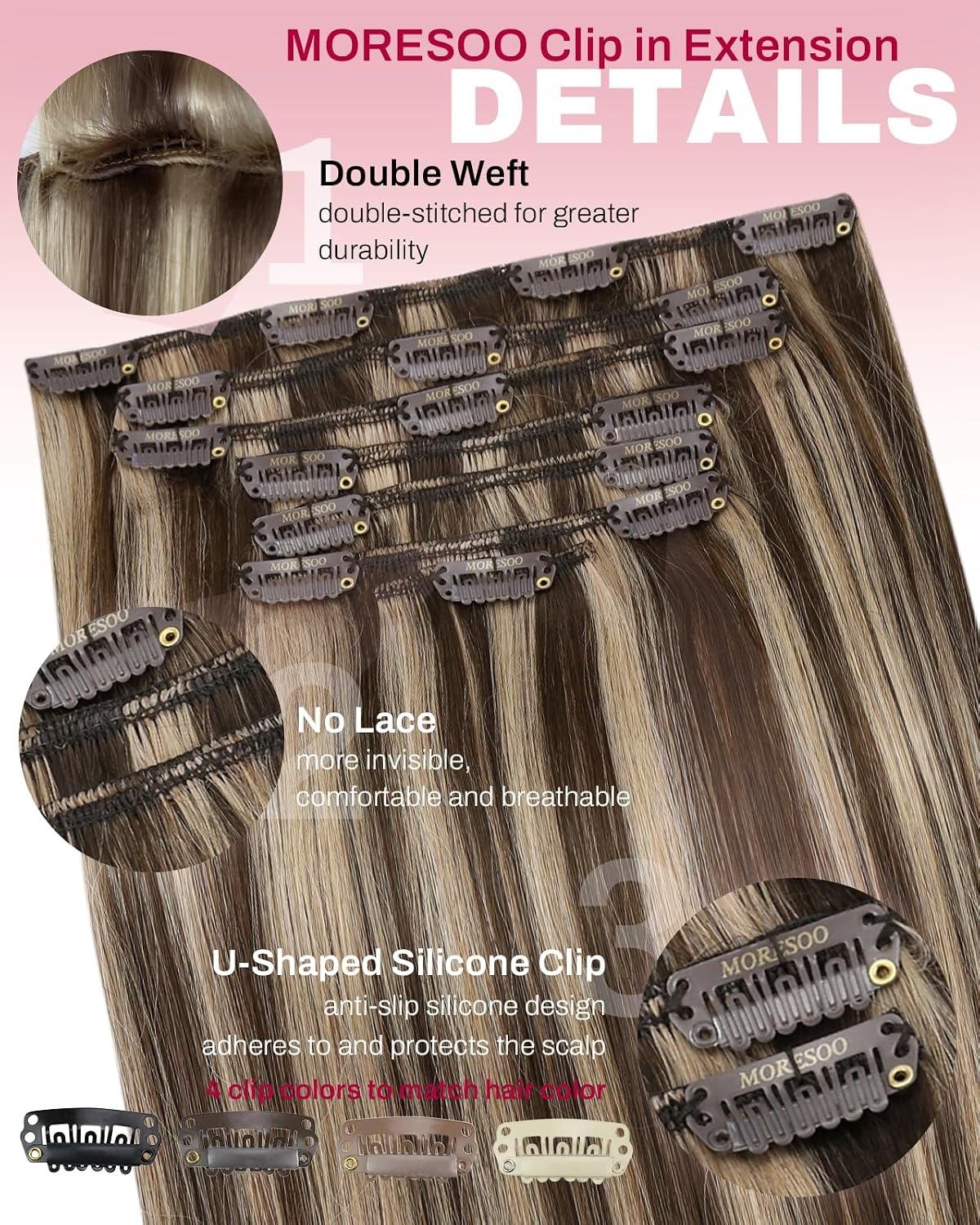 image:imageMoresoo Clip in Hair Extensions Copper Orange Human Hair 20 inch 120g P427 Highlights Dark Brown with Honey Blonde
