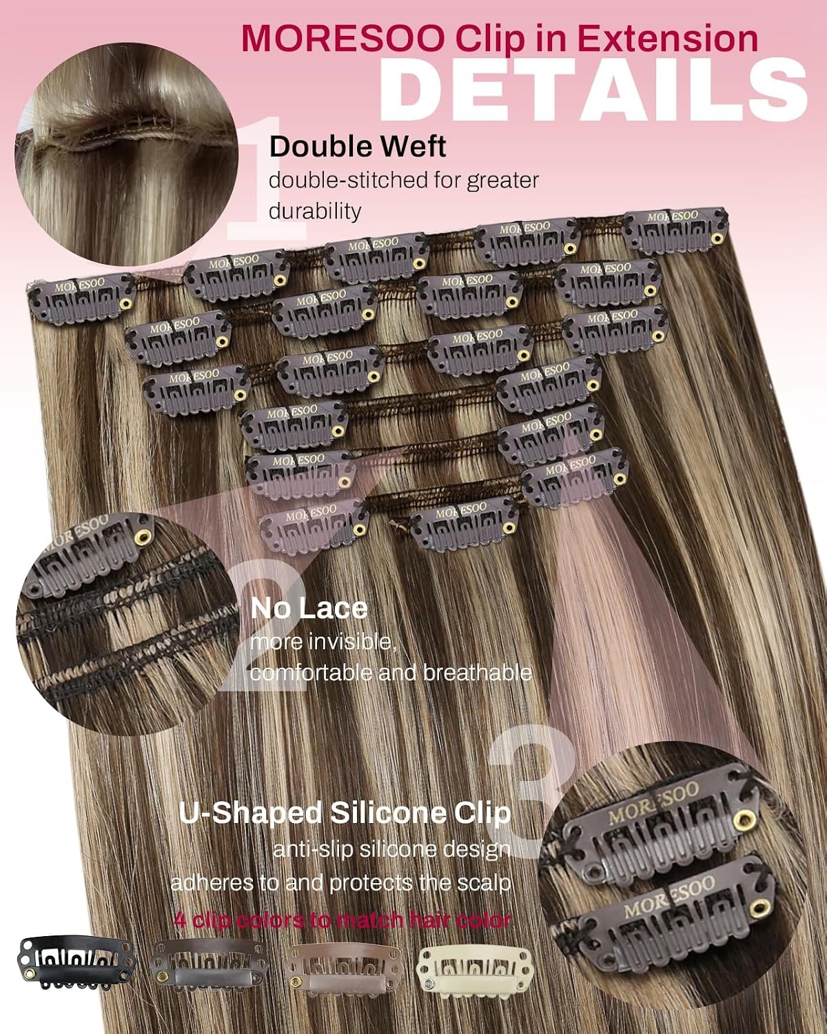 image:imageMoresoo Clip in Hair Extensions Copper Orange Human Hair 20 inch 120g P427 Highlights Dark Brown with Honey Blonde