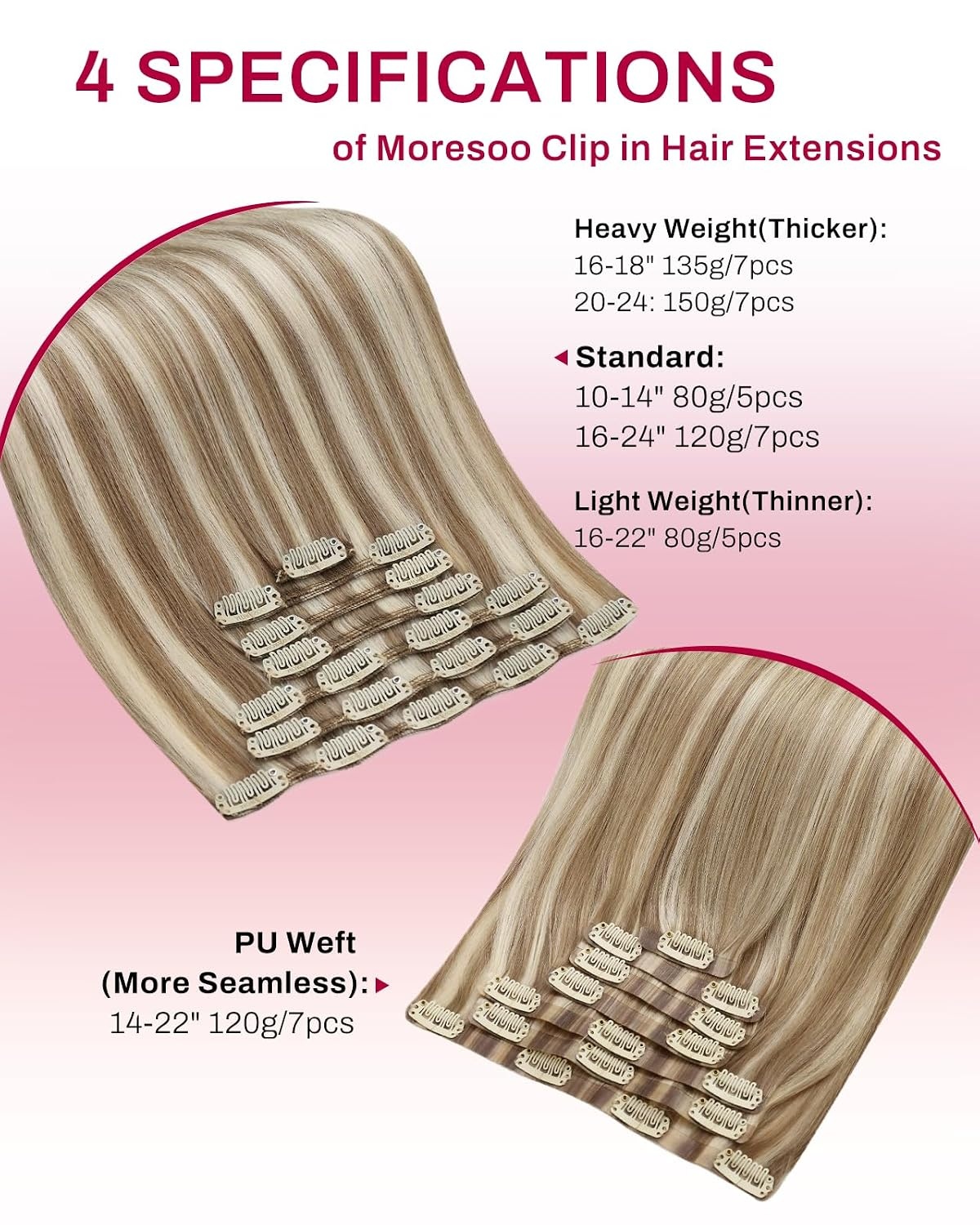 image:imageMoresoo Clip in Hair Extensions Copper Orange Human Hair 20 inch 120g P9A60 Highlights Light Ash Brown with Light Blonde