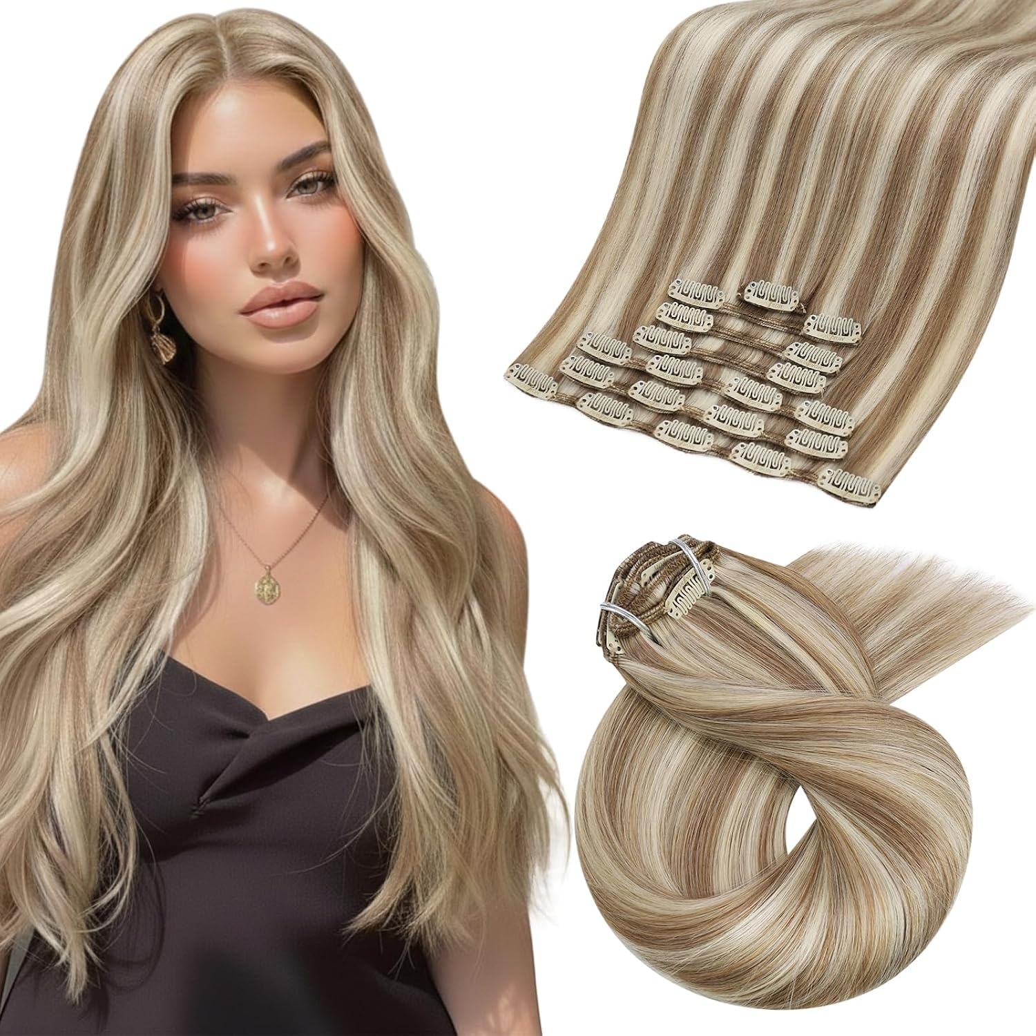 image:imageMoresoo Clip in Hair Extensions Copper Orange Human Hair 20 inch 120g P9A60 Highlights Light Ash Brown with Light Blonde