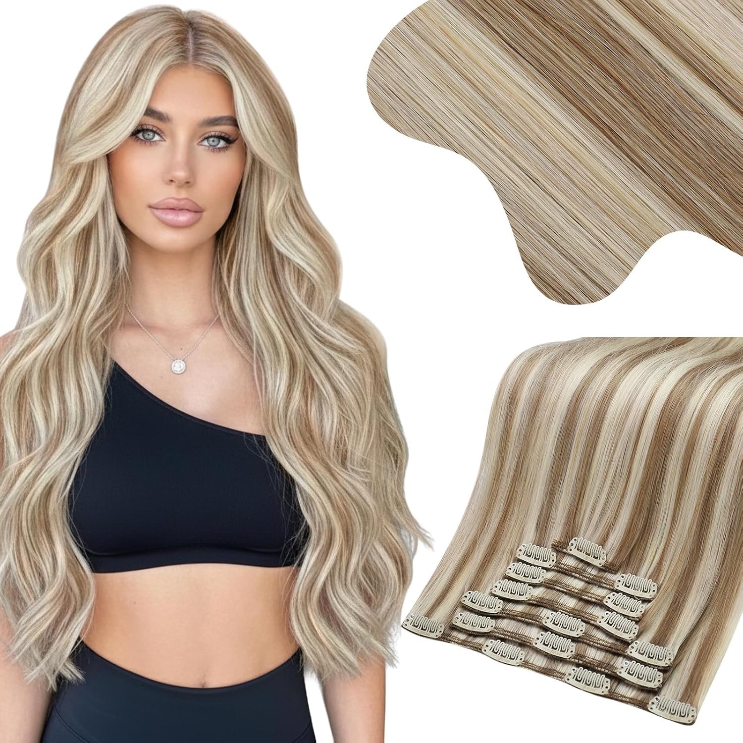 image:imageMoresoo Clip in Hair Extensions Copper Orange Human Hair 20 inch 120g P9A60 Highlights Light Ash Brown with Light Blonde