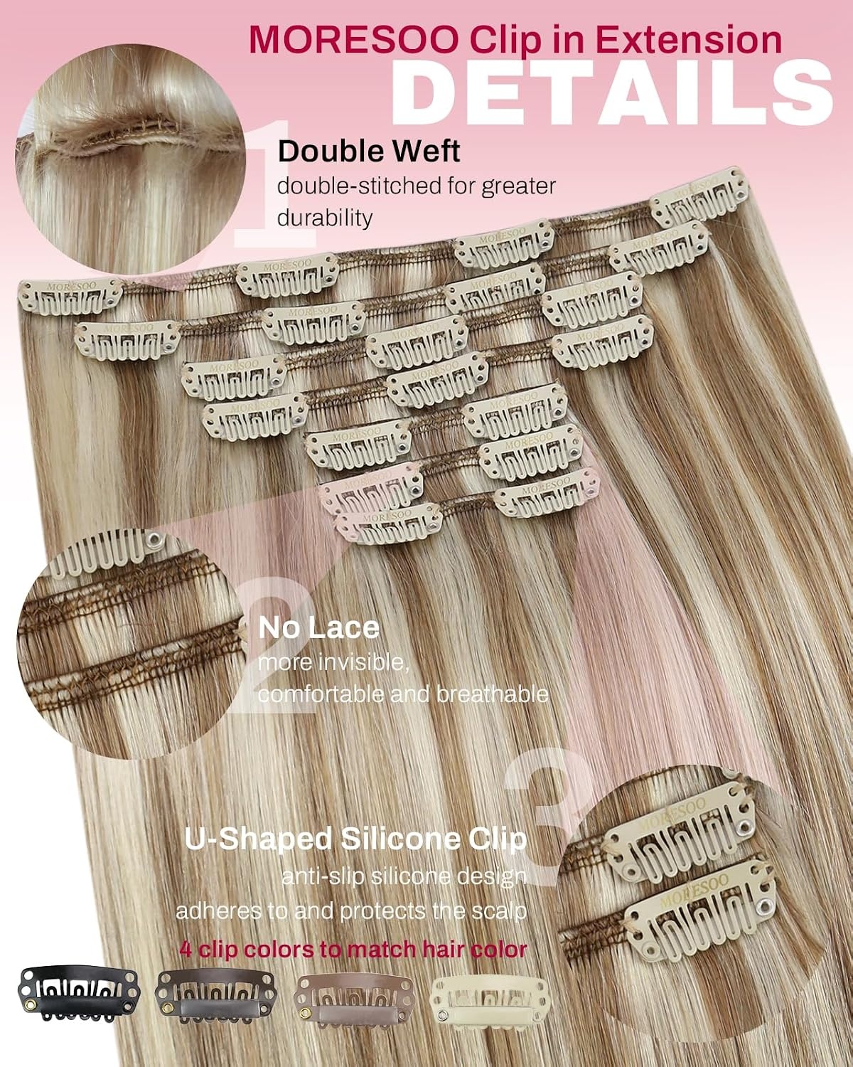 image:imageMoresoo Clip in Hair Extensions Copper Orange Human Hair 20 inch 120g P9A60 Highlights Light Ash Brown with Light Blonde