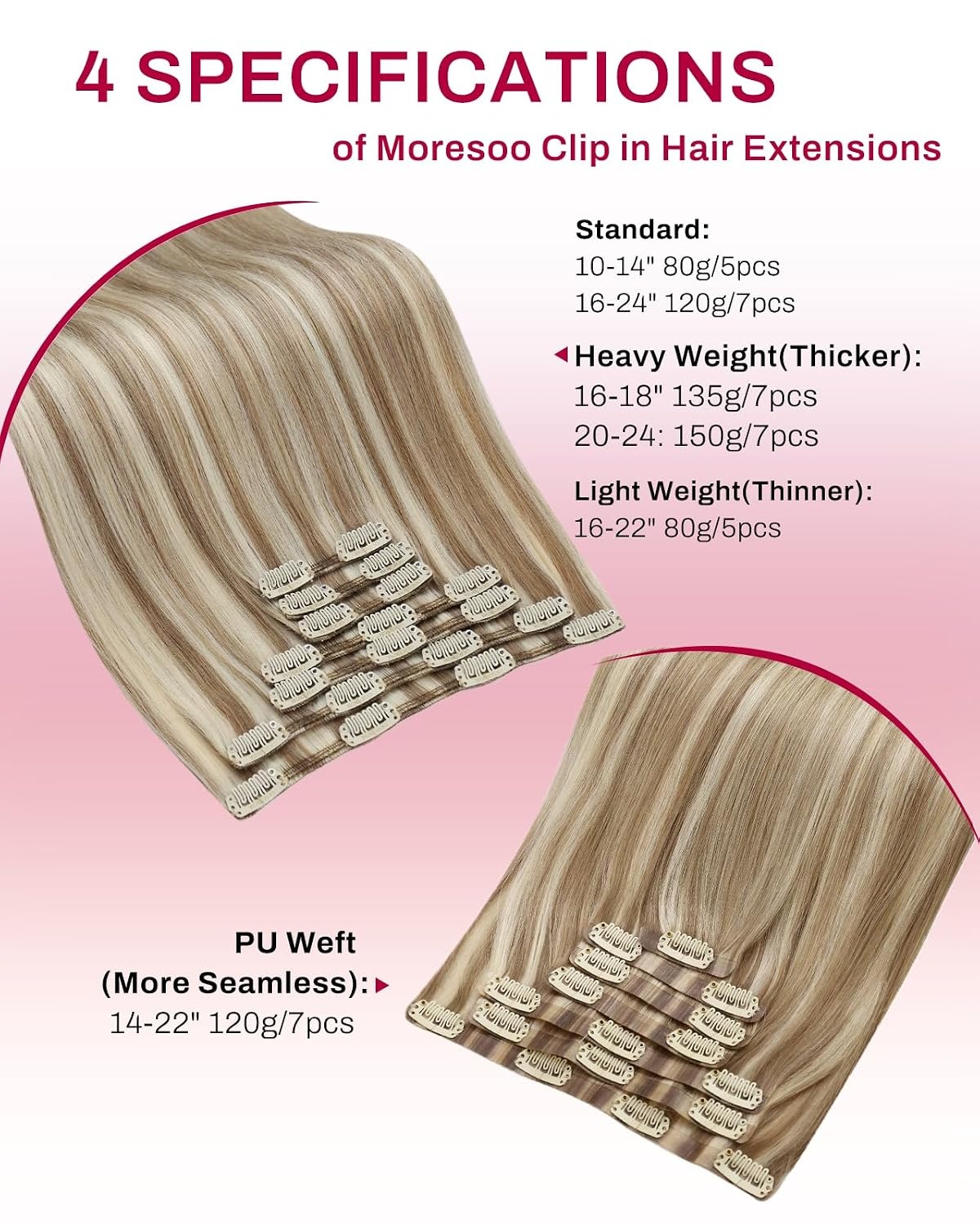 image:imageMoresoo Clip in Hair Extensions Copper Orange Human Hair 20 inch 120g P9A60 Highlights Light Ash Brown with Light Blonde