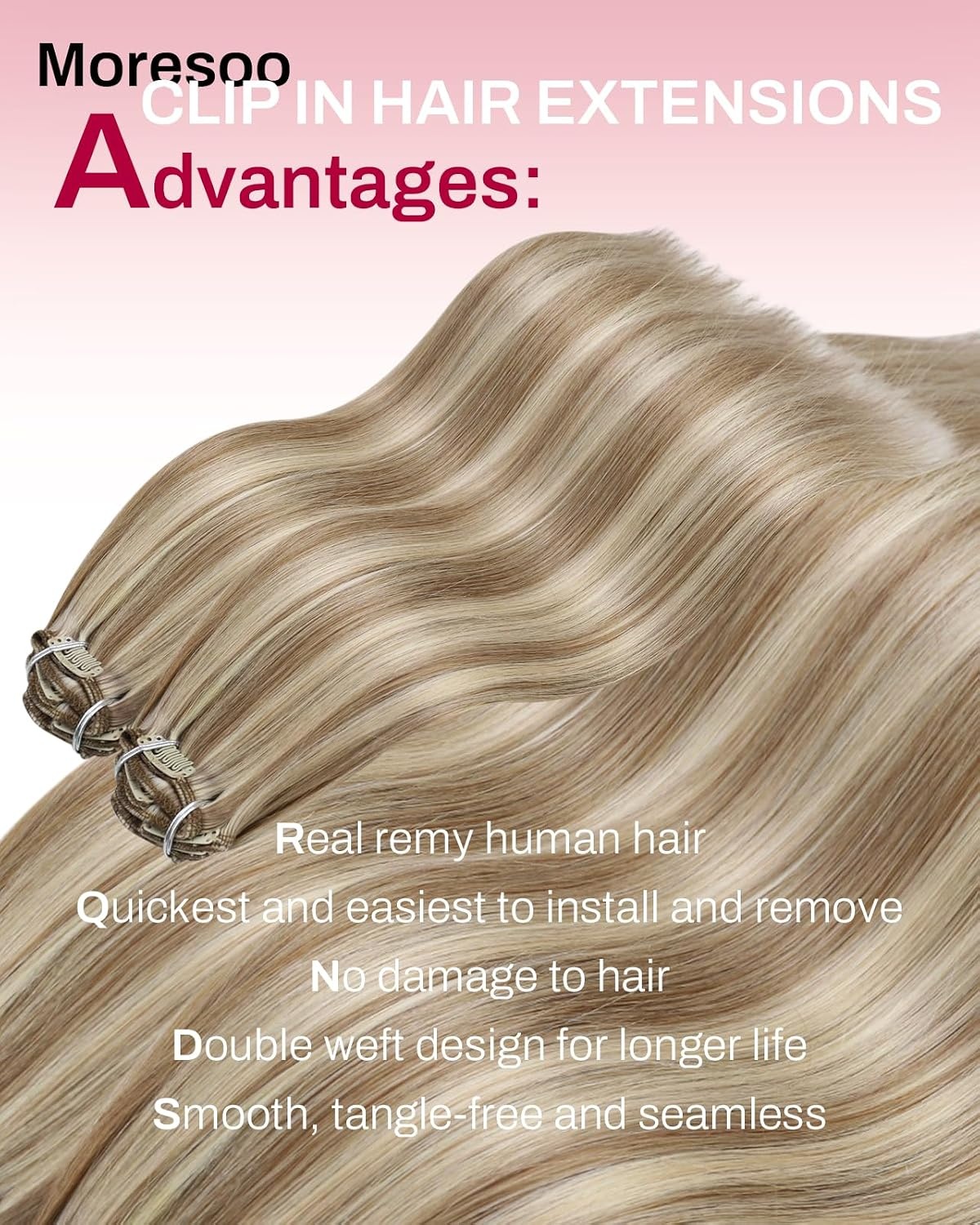 image:imageMoresoo Clip in Hair Extensions Copper Orange Human Hair 20 inch 120g P9A60 Highlights Light Ash Brown with Light Blonde