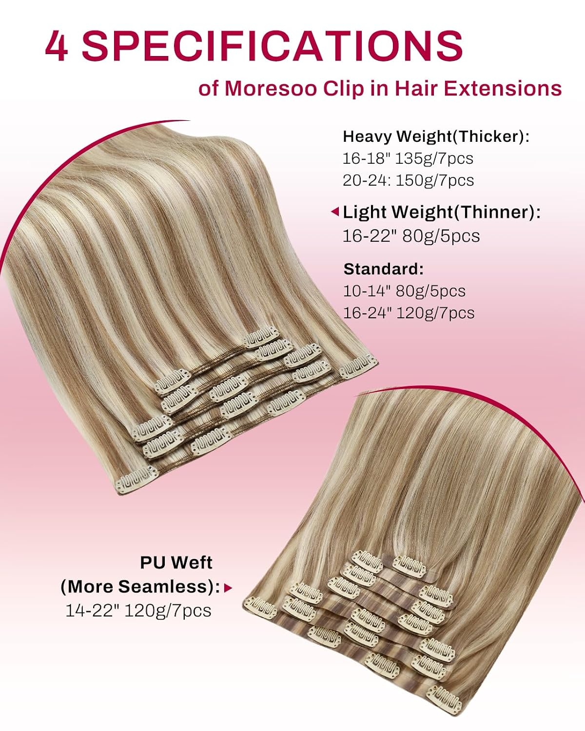 image:imageMoresoo Clip in Hair Extensions Copper Orange Human Hair 20 inch 120g P9A60 Highlights Light Ash Brown with Light Blonde
