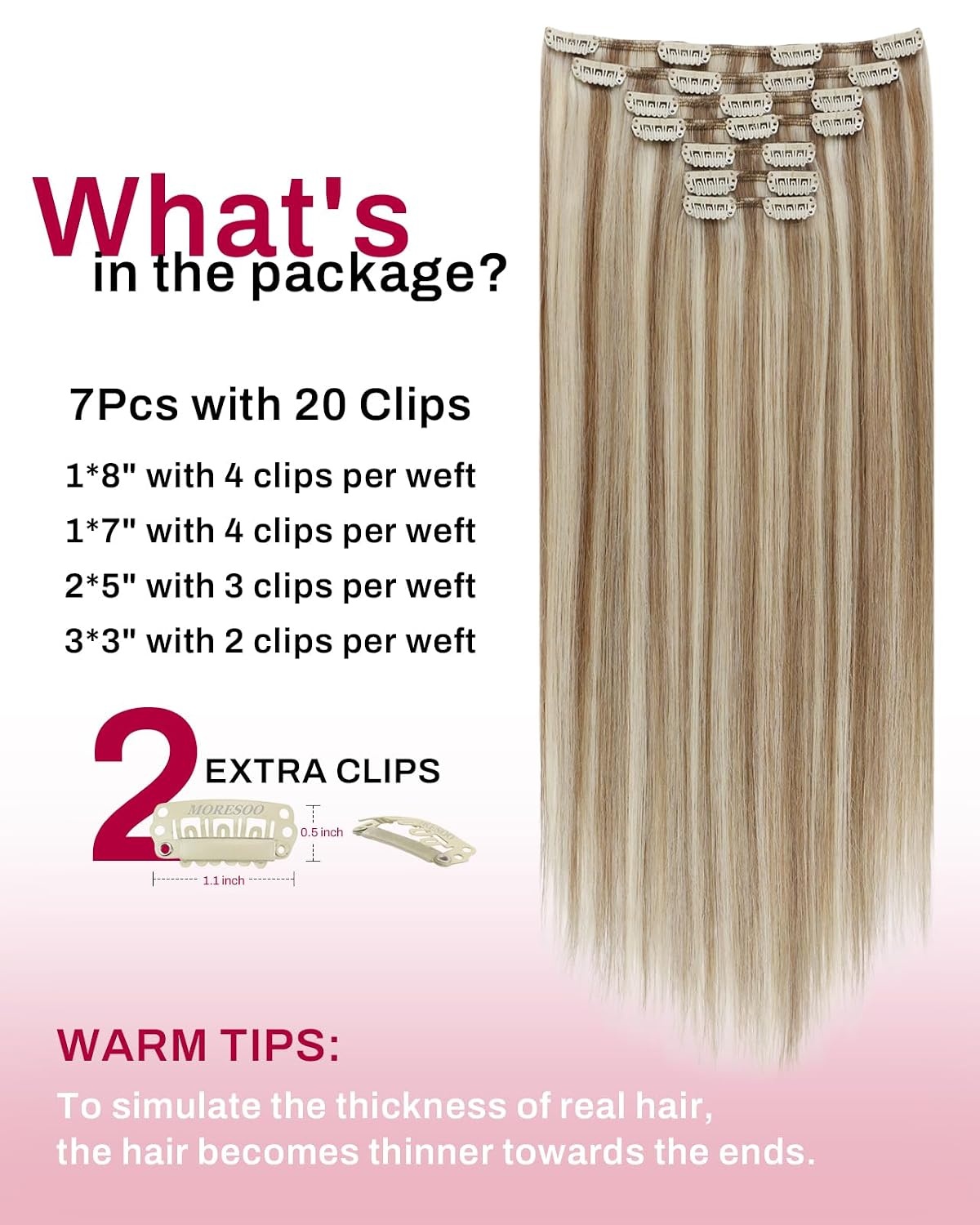 image:imageMoresoo Clip in Hair Extensions Copper Orange Human Hair 20 inch 120g P9A60 Highlights Light Ash Brown with Light Blonde