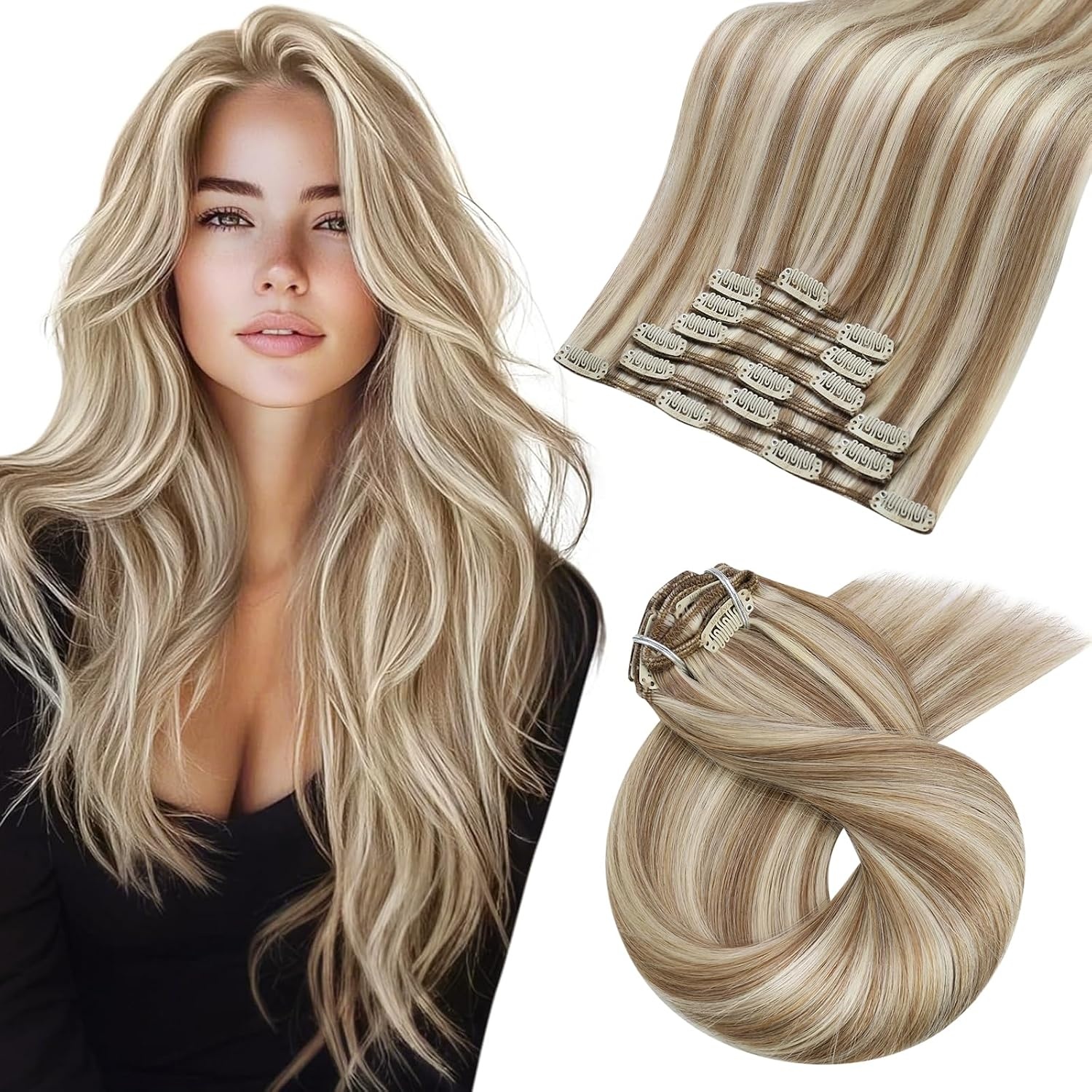 image:imageMoresoo Clip in Hair Extensions Copper Orange Human Hair 20 inch 120g P9A60 Highlights Light Ash Brown with Light Blonde
