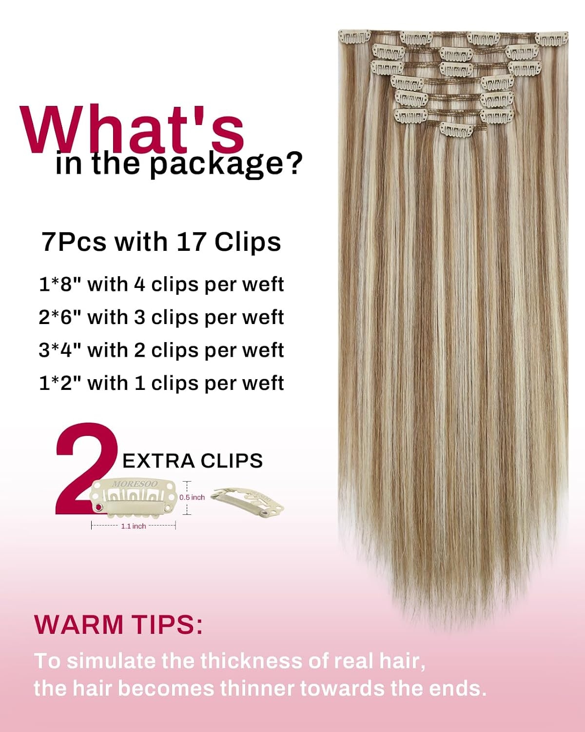 image:imageMoresoo Clip in Hair Extensions Copper Orange Human Hair 20 inch 120g P9A60 Highlights Light Ash Brown with Light Blonde