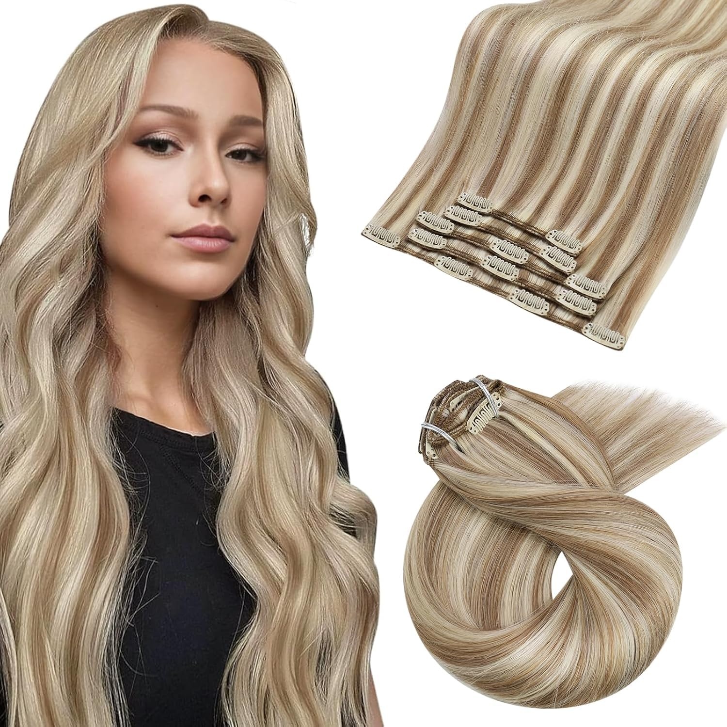 image:imageMoresoo Clip in Hair Extensions Copper Orange Human Hair 20 inch 120g P9A60 Highlights Light Ash Brown with Light Blonde