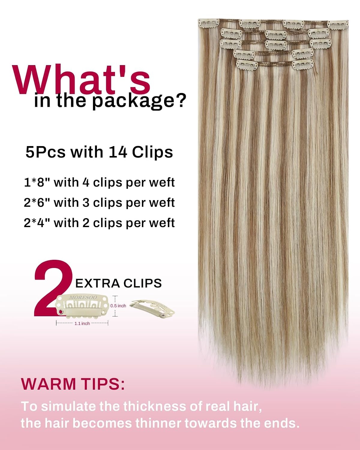 image:imageMoresoo Clip in Hair Extensions Copper Orange Human Hair 20 inch 120g P9A60 Highlights Light Ash Brown with Light Blonde