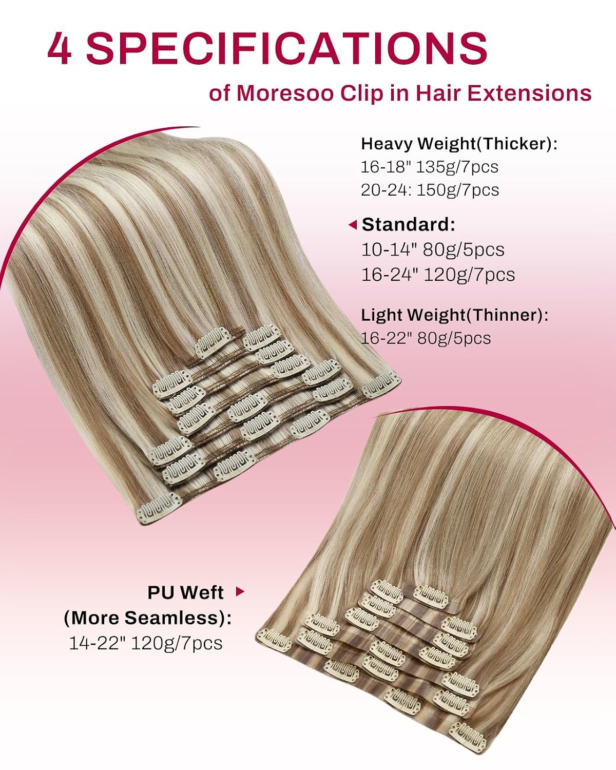 image:imageMoresoo Clip in Hair Extensions Copper Orange Human Hair 20 inch 120g P9A60 Highlights Light Ash Brown with Light Blonde