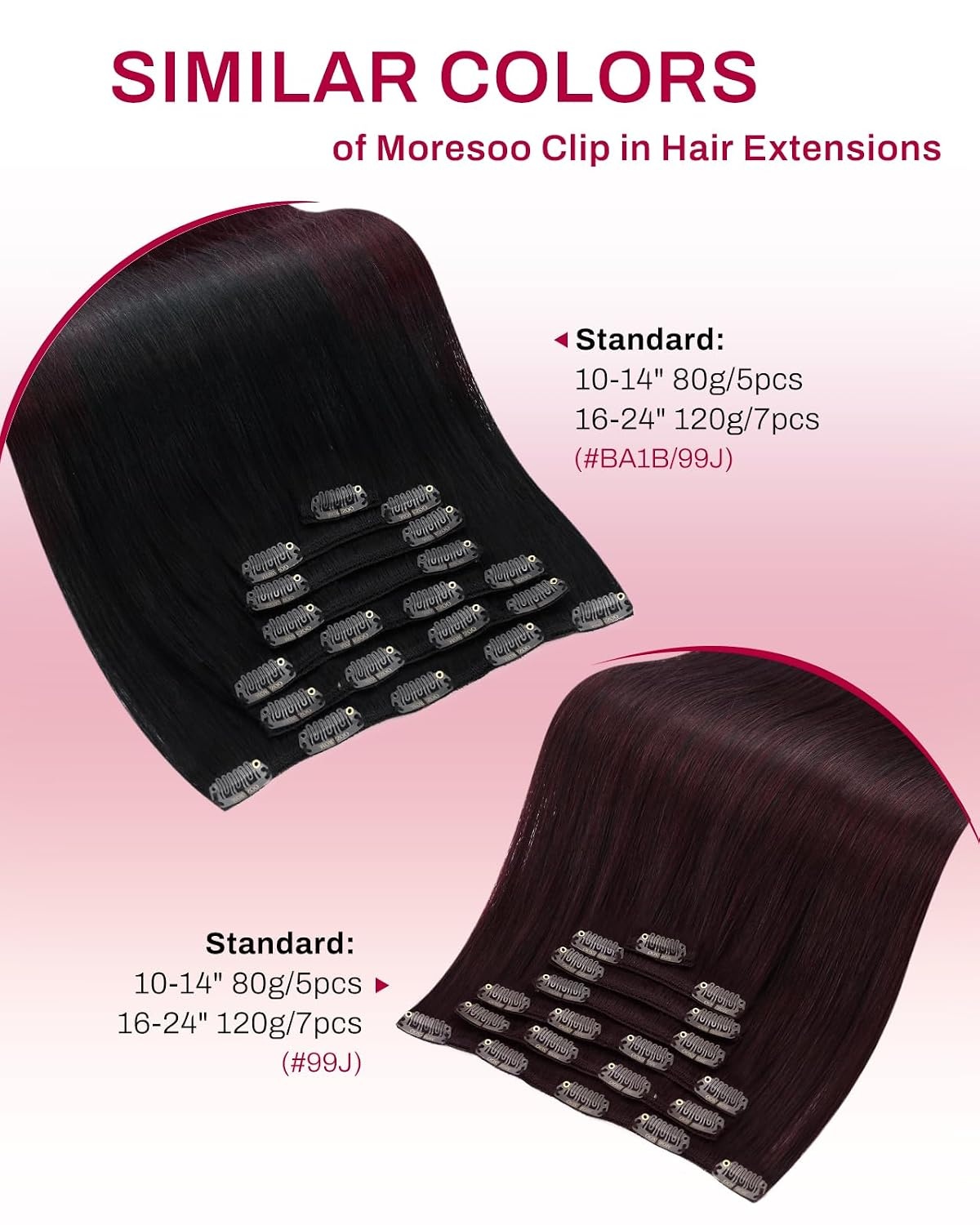 image:imageMoresoo Clip in Hair Extensions Copper Orange Human Hair 20 inch 120g1B99J Balayage Black to Burgundy