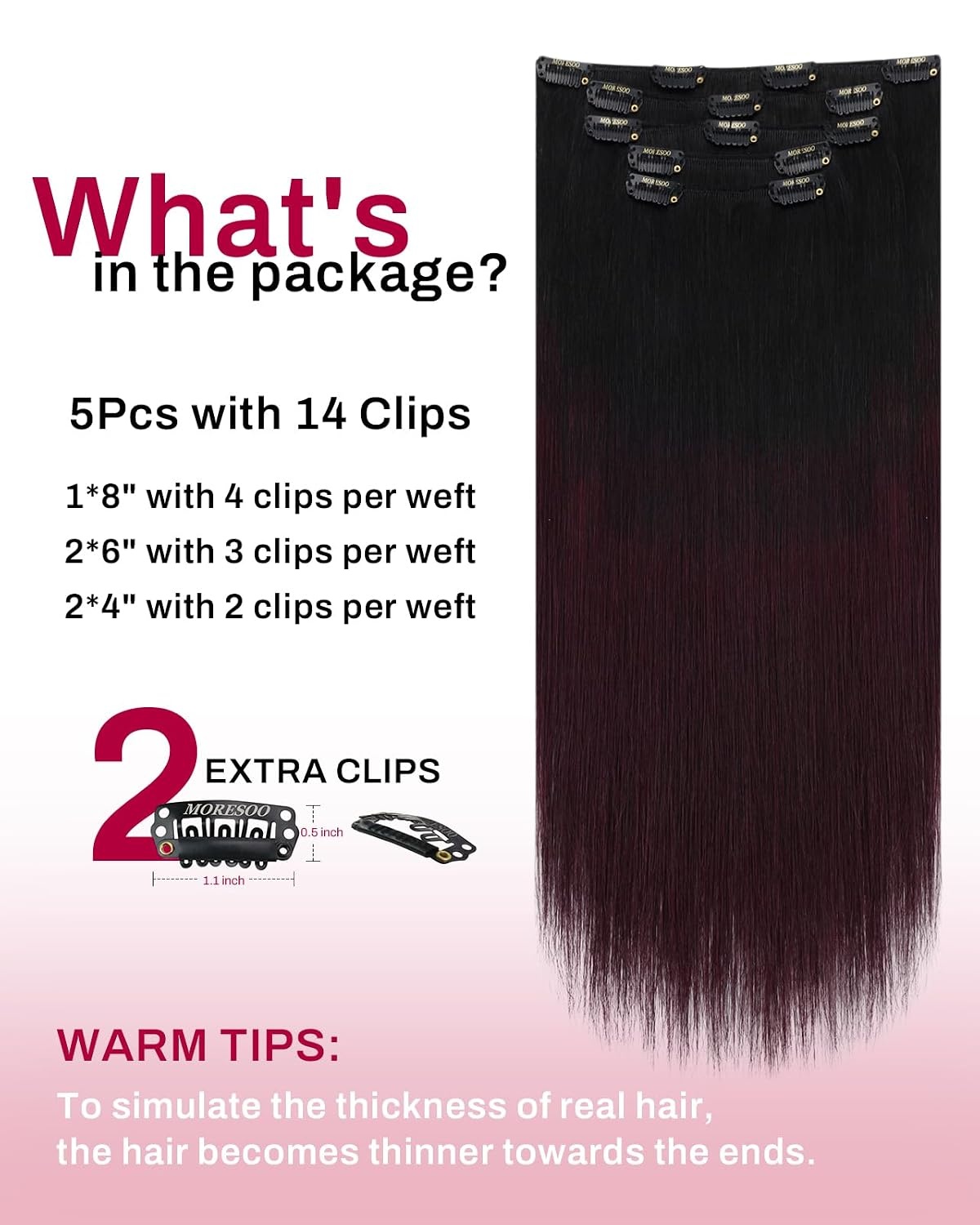 image:imageMoresoo Clip in Hair Extensions Copper Orange Human Hair 20 inch 120g1B99J Balayage Black to Burgundy