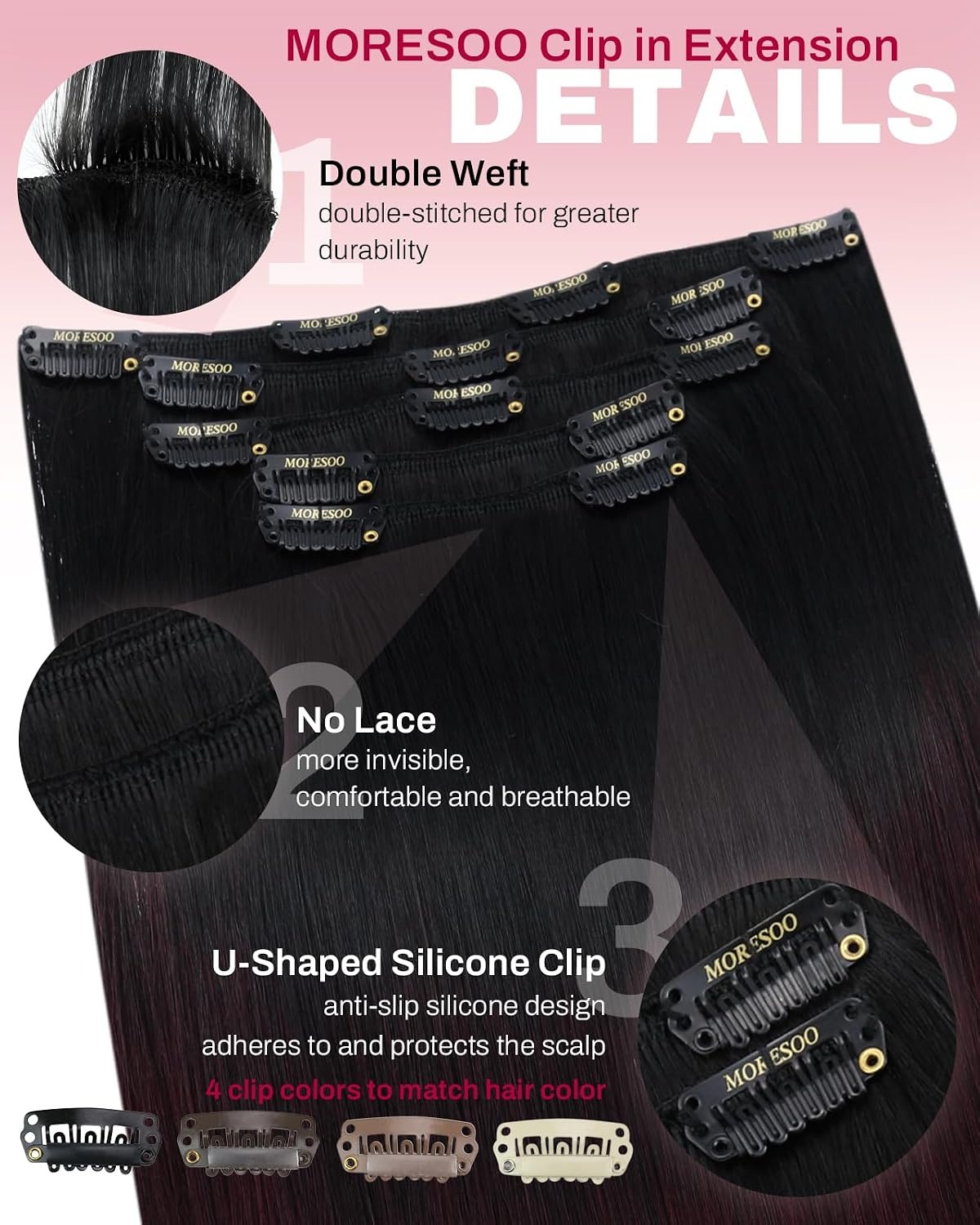image:imageMoresoo Clip in Hair Extensions Copper Orange Human Hair 20 inch 120g1B99J Balayage Black to Burgundy