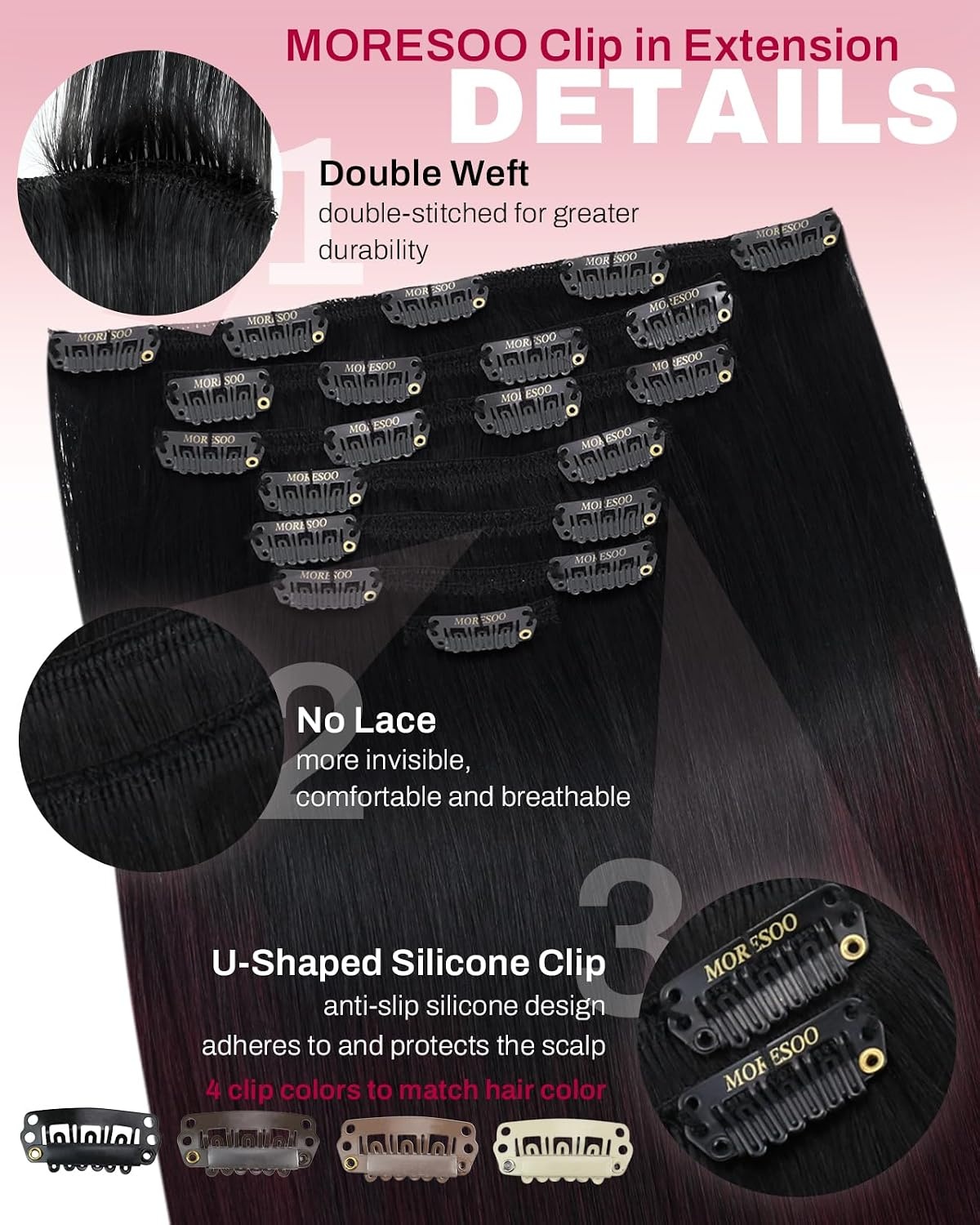 image:imageMoresoo Clip in Hair Extensions Copper Orange Human Hair 20 inch 120g1B99J Balayage Black to Burgundy