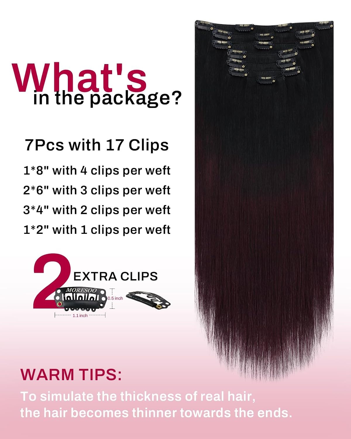 image:imageMoresoo Clip in Hair Extensions Copper Orange Human Hair 20 inch 120g1B99J Balayage Black to Burgundy