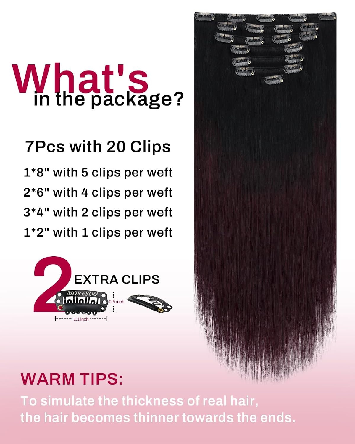 image:imageMoresoo Clip in Hair Extensions Copper Orange Human Hair 20 inch 120g1B99J Balayage Black to Burgundy
