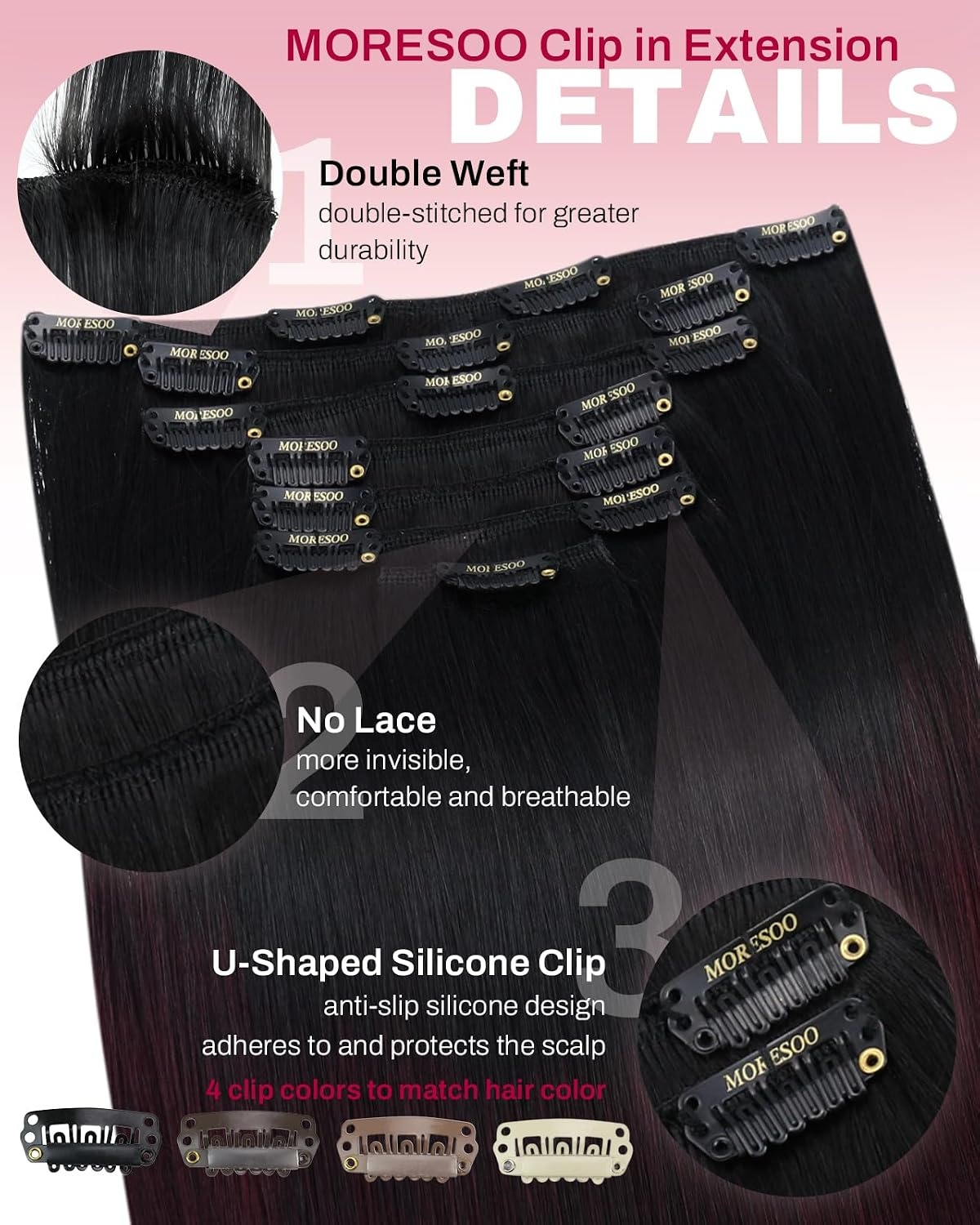 image:imageMoresoo Clip in Hair Extensions Copper Orange Human Hair 20 inch 120g1B99J Balayage Black to Burgundy