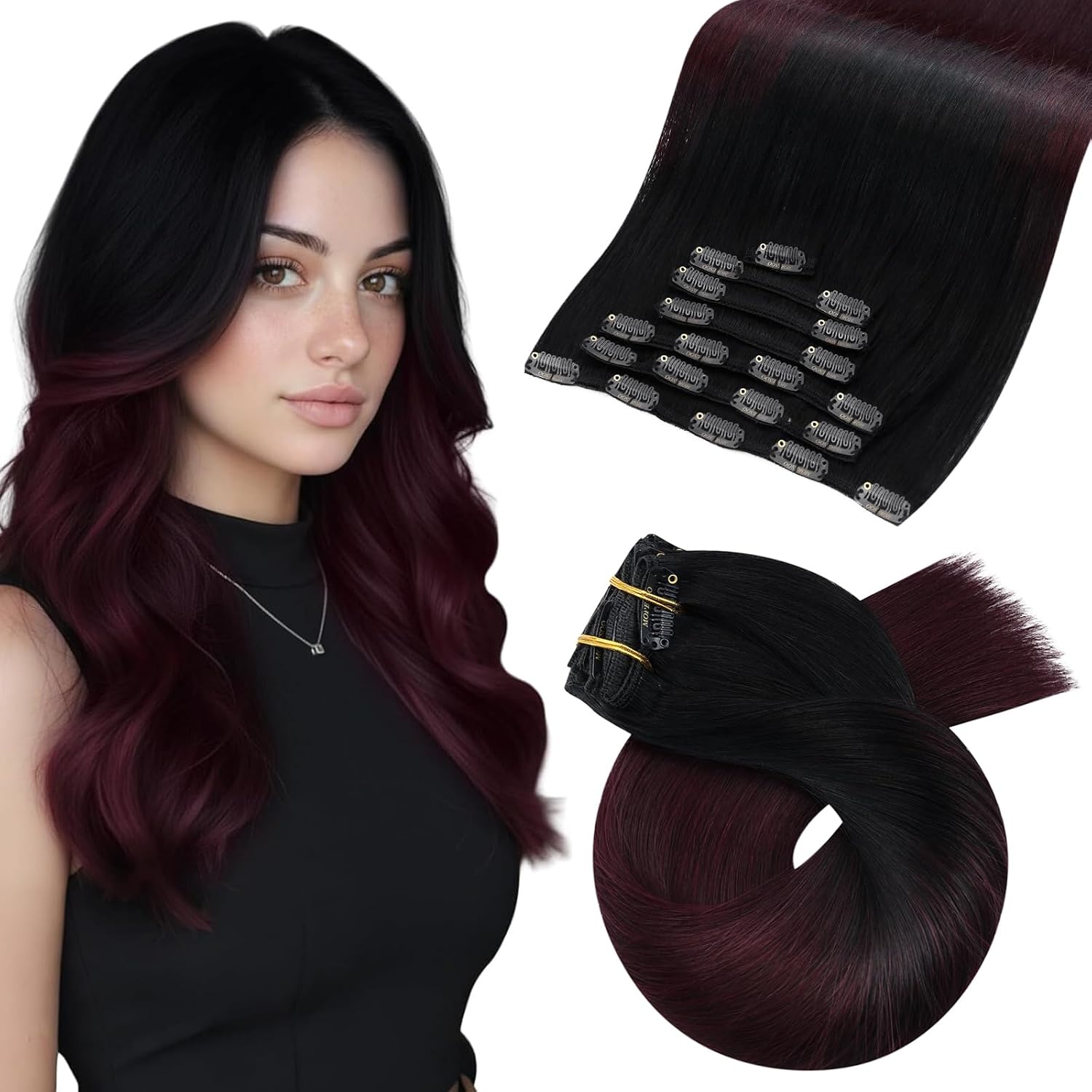 image:imageMoresoo Clip in Hair Extensions Copper Orange Human Hair 20 inch 120g1B99J Balayage Black to Burgundy
