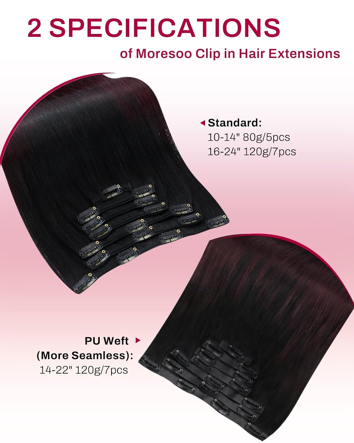 image:imageMoresoo Clip in Hair Extensions Copper Orange Human Hair 20 inch 120g1B99J Balayage Black to Burgundy
