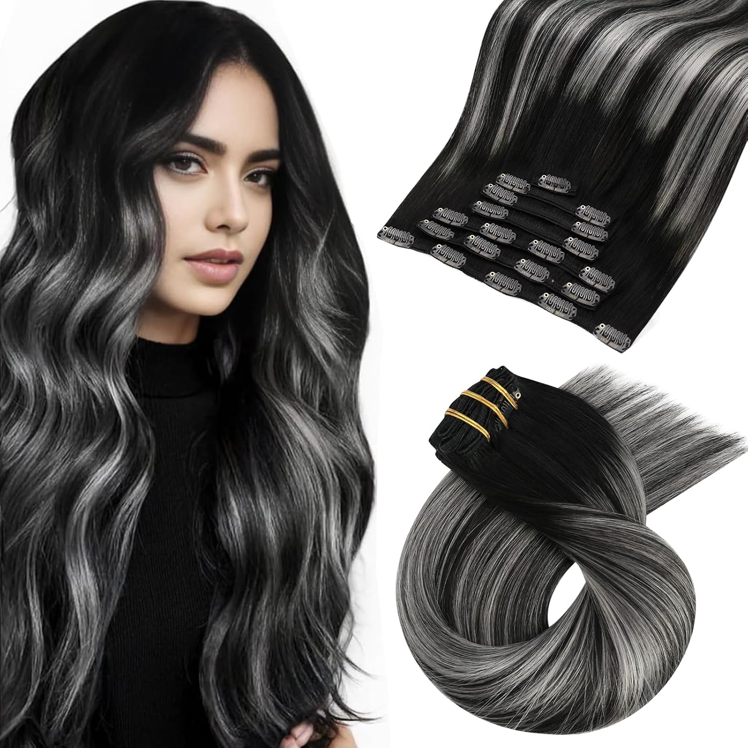 image:imageMoresoo Clip in Hair Extensions Copper Orange Human Hair 20 inch 120g1BSilver1B Balayage Black to Silver Grey