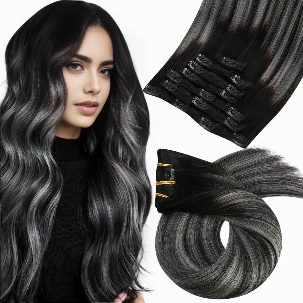 image:imageMoresoo Clip in Hair Extensions Copper Orange Human Hair 20 inch 120g1BSilver1B Balayage Black to Silver Grey