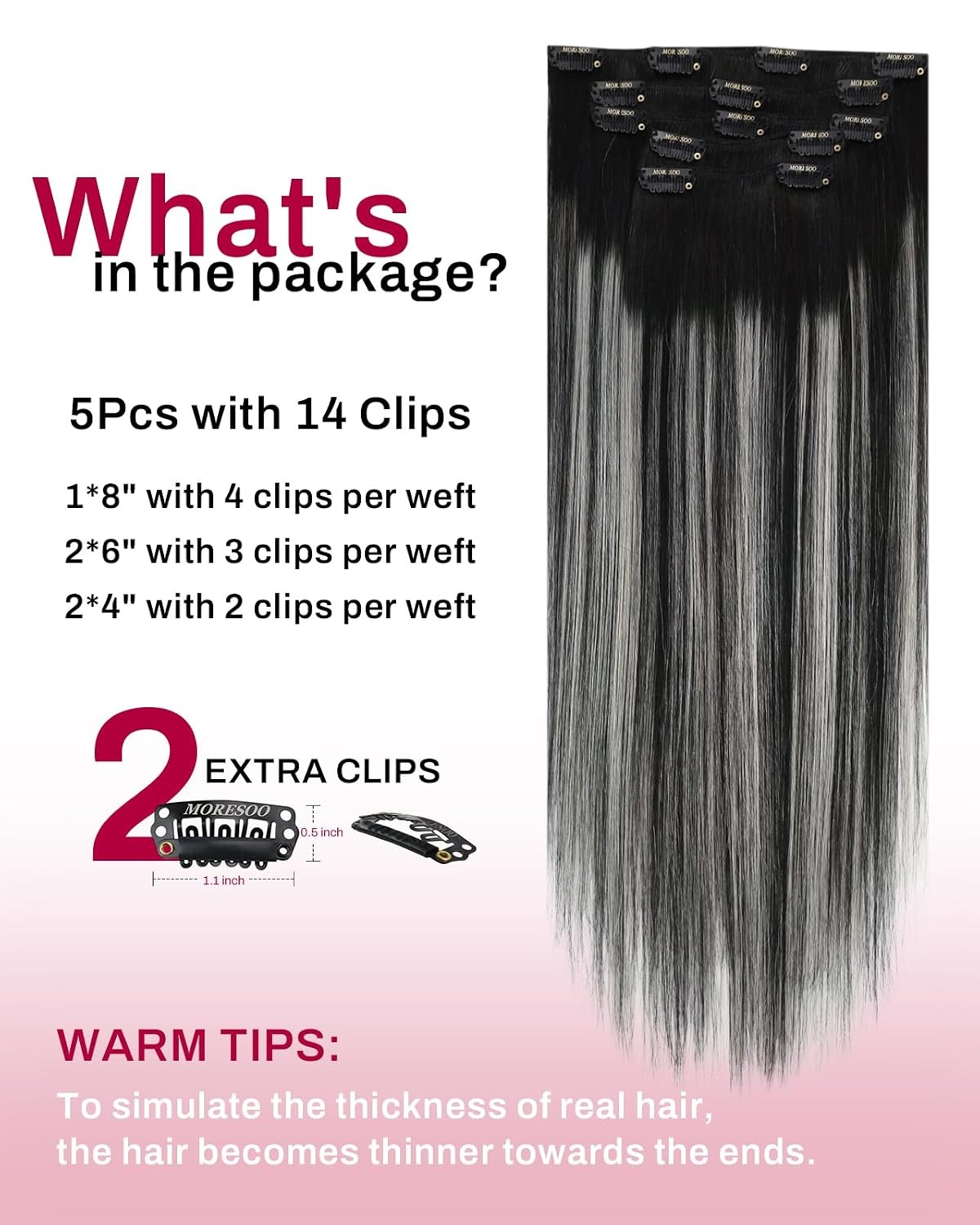 image:imageMoresoo Clip in Hair Extensions Copper Orange Human Hair 20 inch 120g1BSilver1B Balayage Black to Silver Grey