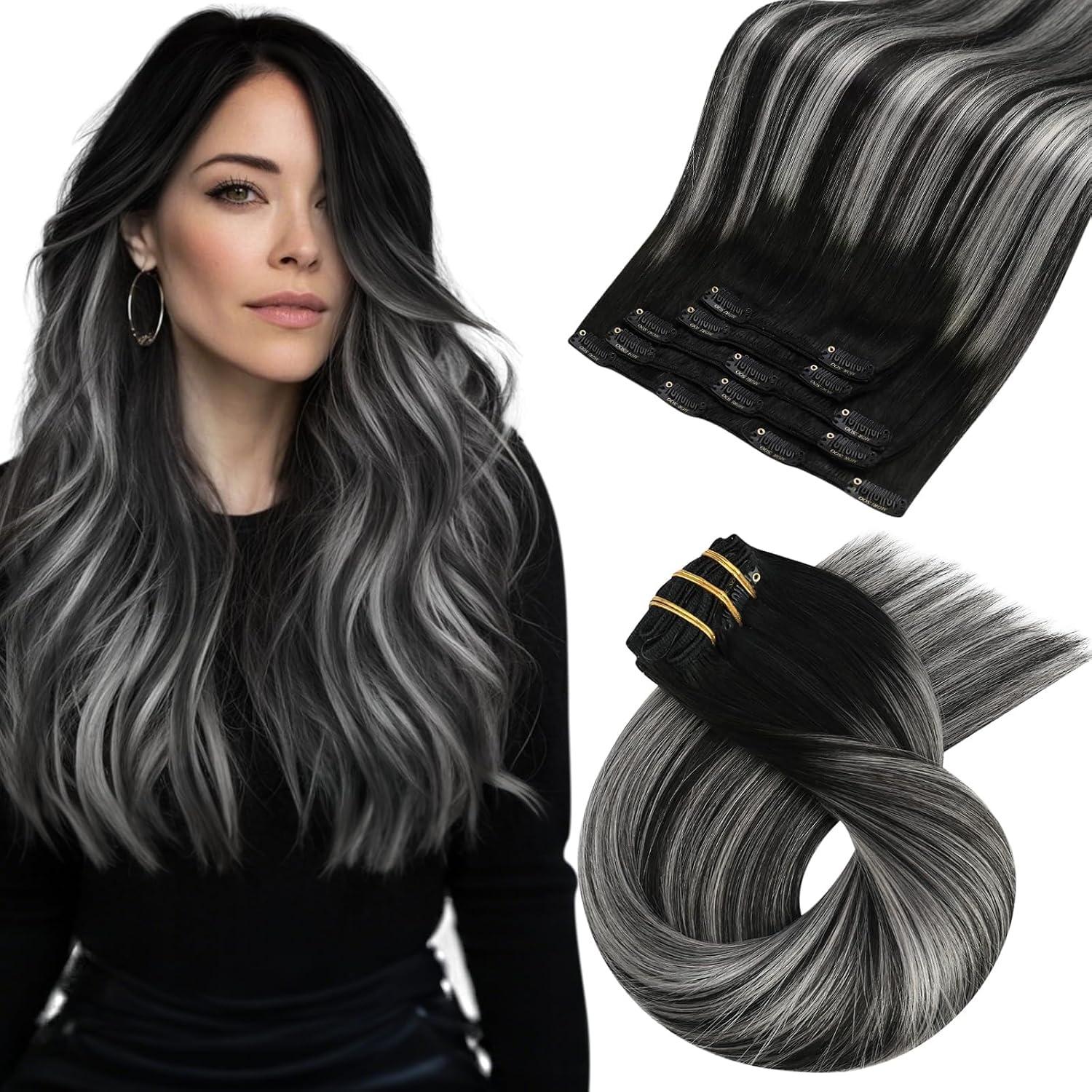 image:imageMoresoo Clip in Hair Extensions Copper Orange Human Hair 20 inch 120g1BSilver1B Balayage Black to Silver Grey