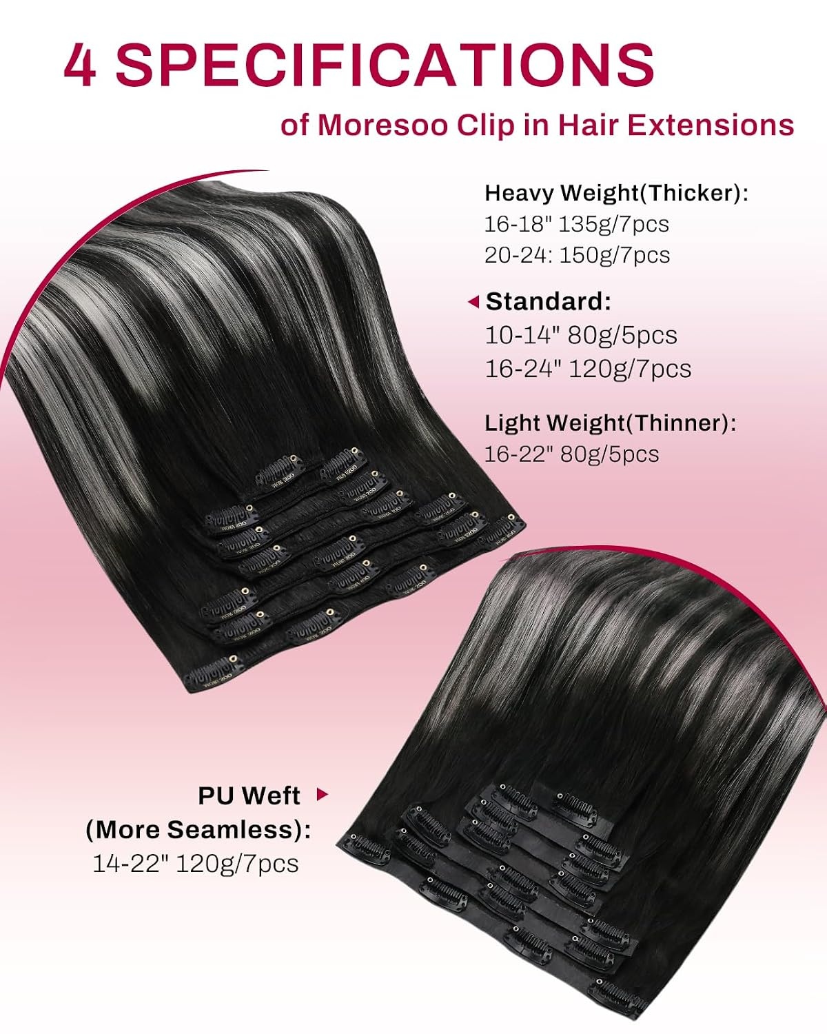 image:imageMoresoo Clip in Hair Extensions Copper Orange Human Hair 20 inch 120g1BSilver1B Balayage Black to Silver Grey