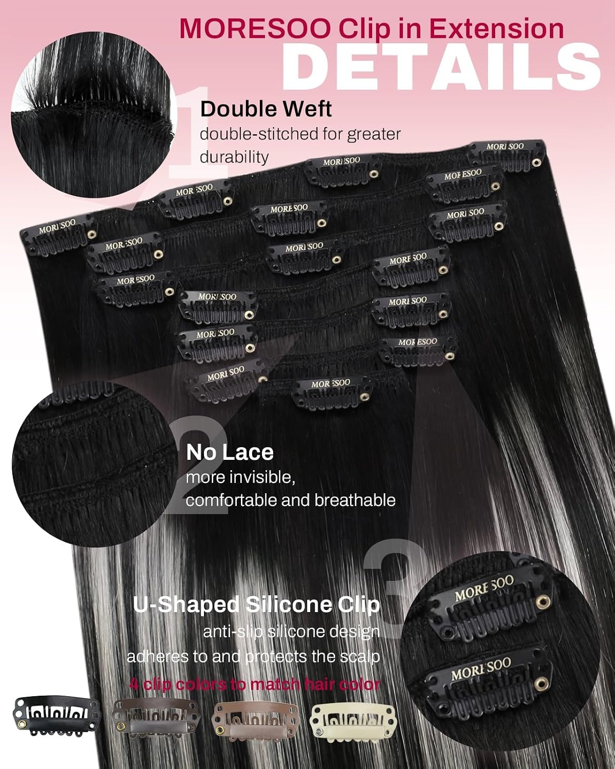 image:imageMoresoo Clip in Hair Extensions Copper Orange Human Hair 20 inch 120g1BSilver1B Balayage Black to Silver Grey
