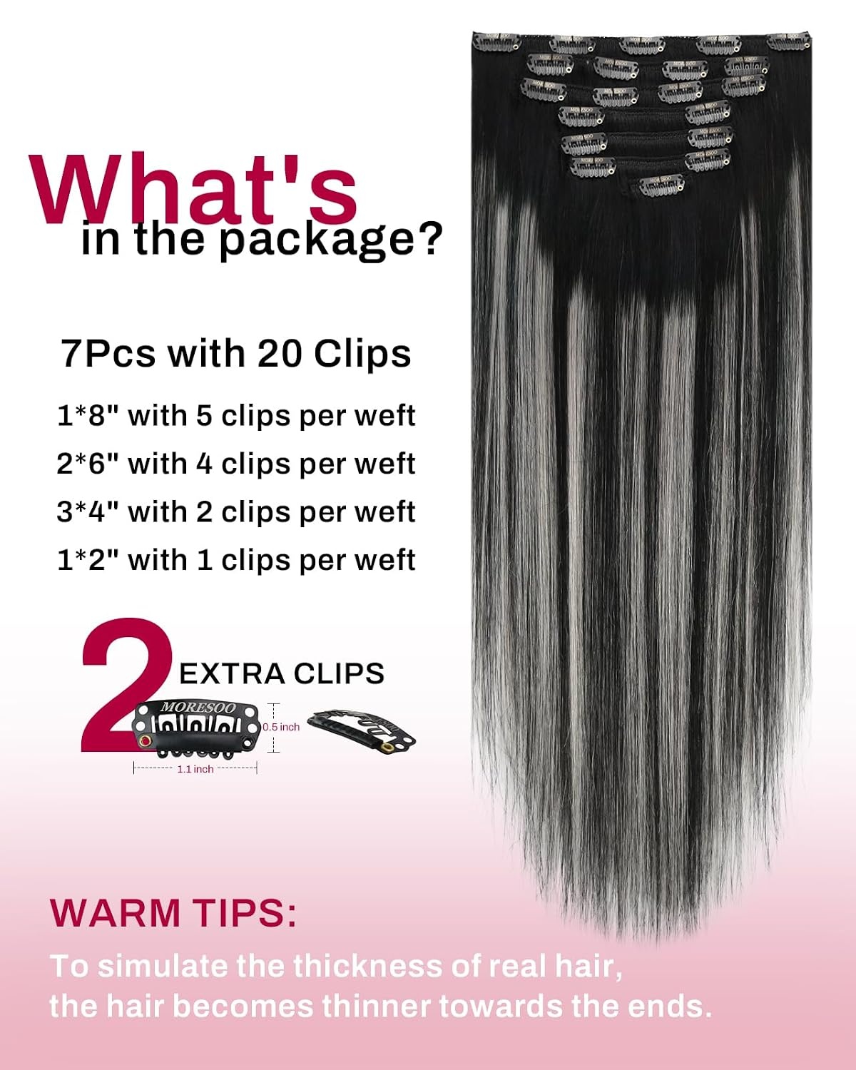 image:imageMoresoo Clip in Hair Extensions Copper Orange Human Hair 20 inch 120g1BSilver1B Balayage Black to Silver Grey