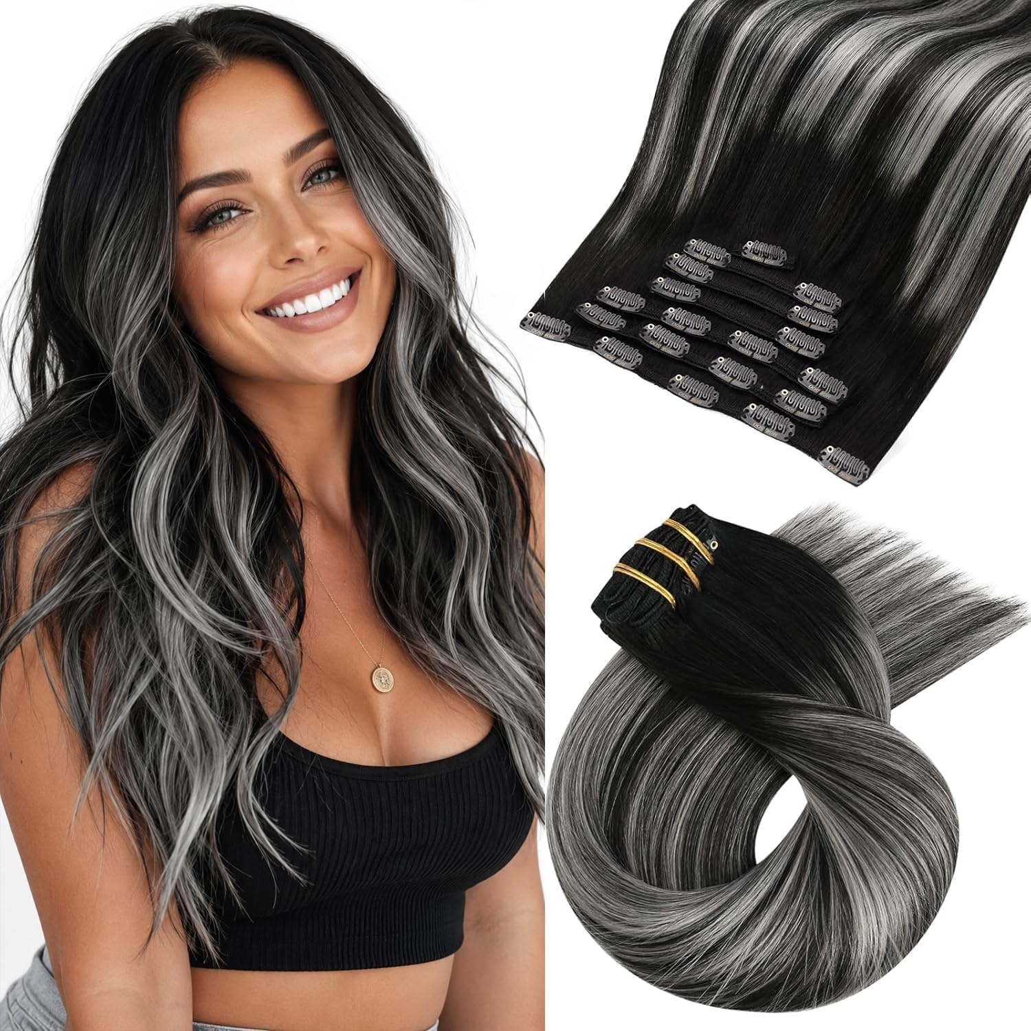 image:imageMoresoo Clip in Hair Extensions Copper Orange Human Hair 20 inch 120g1BSilver1B Balayage Black to Silver Grey
