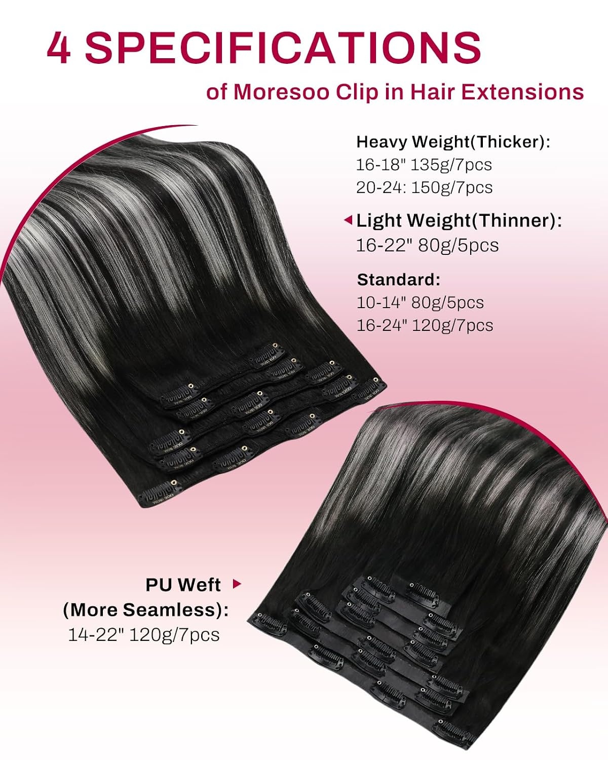 image:imageMoresoo Clip in Hair Extensions Copper Orange Human Hair 20 inch 120g1BSilver1B Balayage Black to Silver Grey