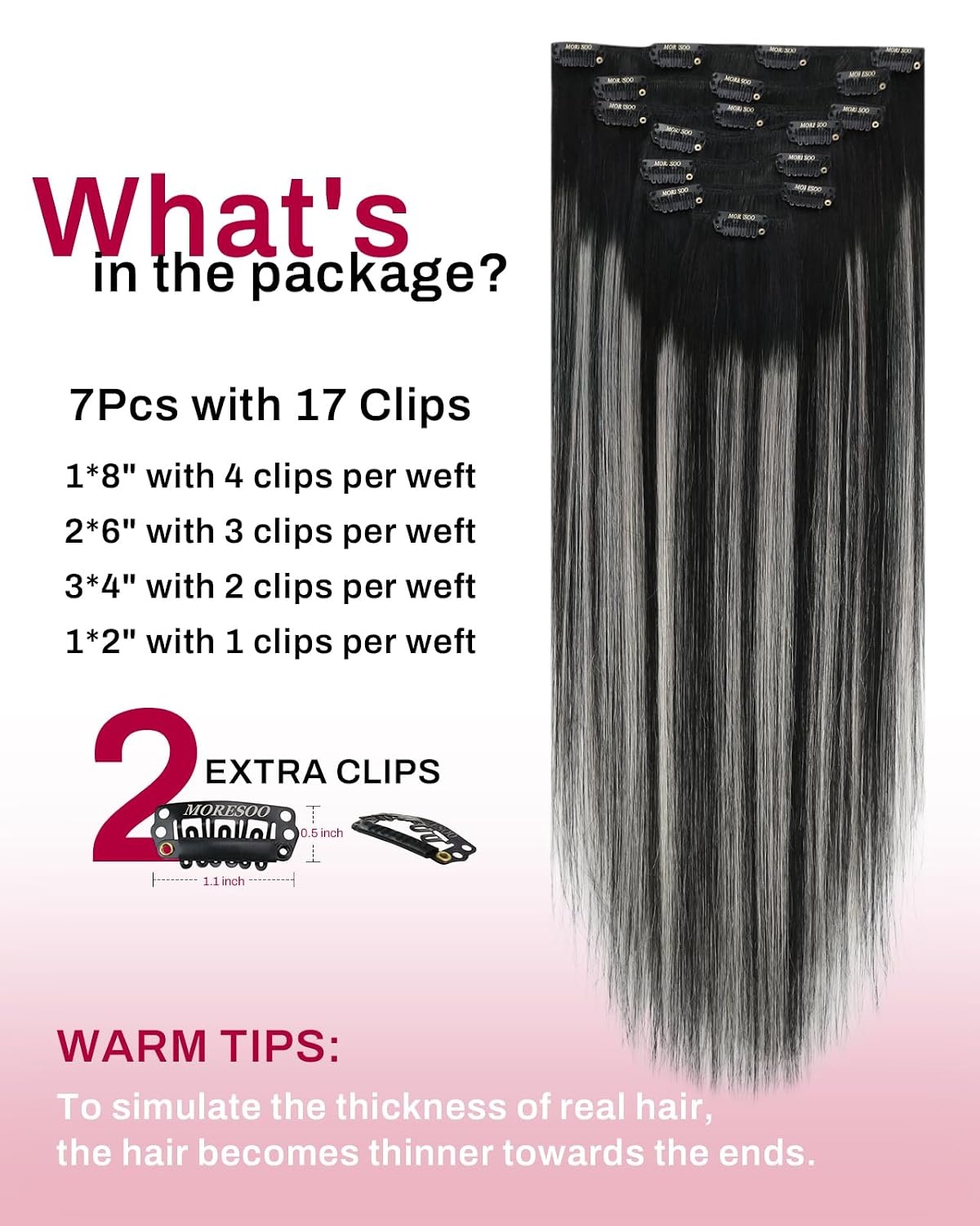 image:imageMoresoo Clip in Hair Extensions Copper Orange Human Hair 20 inch 120g1BSilver1B Balayage Black to Silver Grey