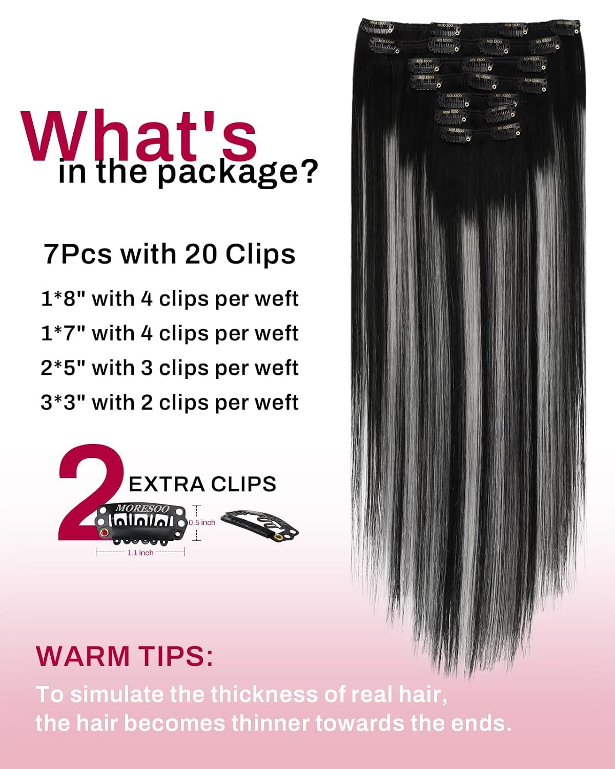 image:imageMoresoo Clip in Hair Extensions Copper Orange Human Hair 20 inch 120g1BSilver1B Balayage Black to Silver Grey