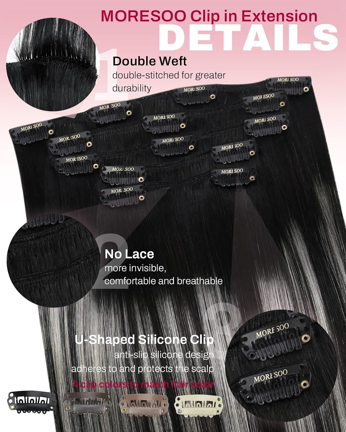 image:imageMoresoo Clip in Hair Extensions Copper Orange Human Hair 20 inch 120g1BSilver1B Balayage Black to Silver Grey