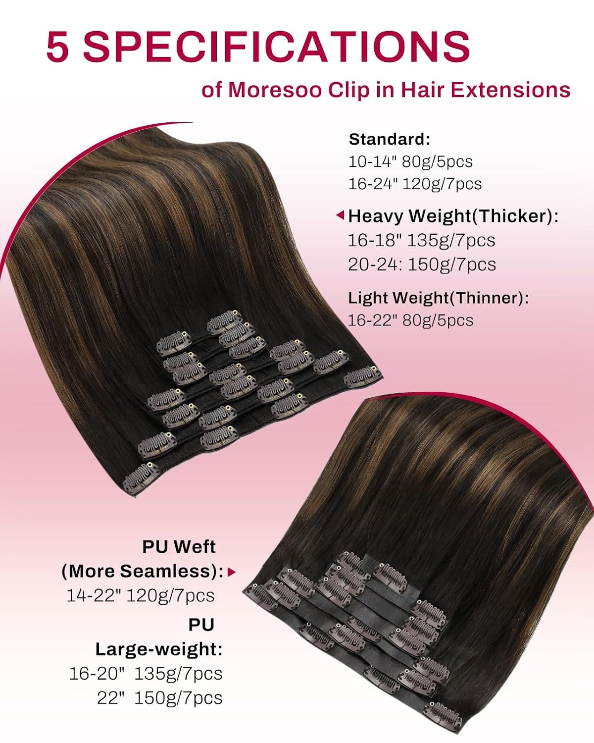 image:imageMoresoo Clip in Hair Extensions Copper Orange Human Hair 20 inch 120g1BSilver1B Balayage Black to Silver Grey