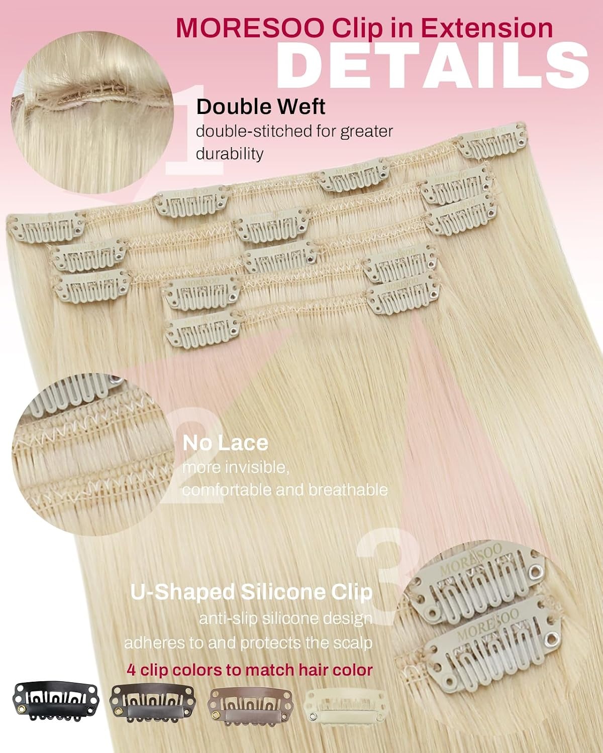 image:imageMoresoo Clip in Hair Extensions Copper Orange Human Hair 20 inch 120g60 Light Blonde