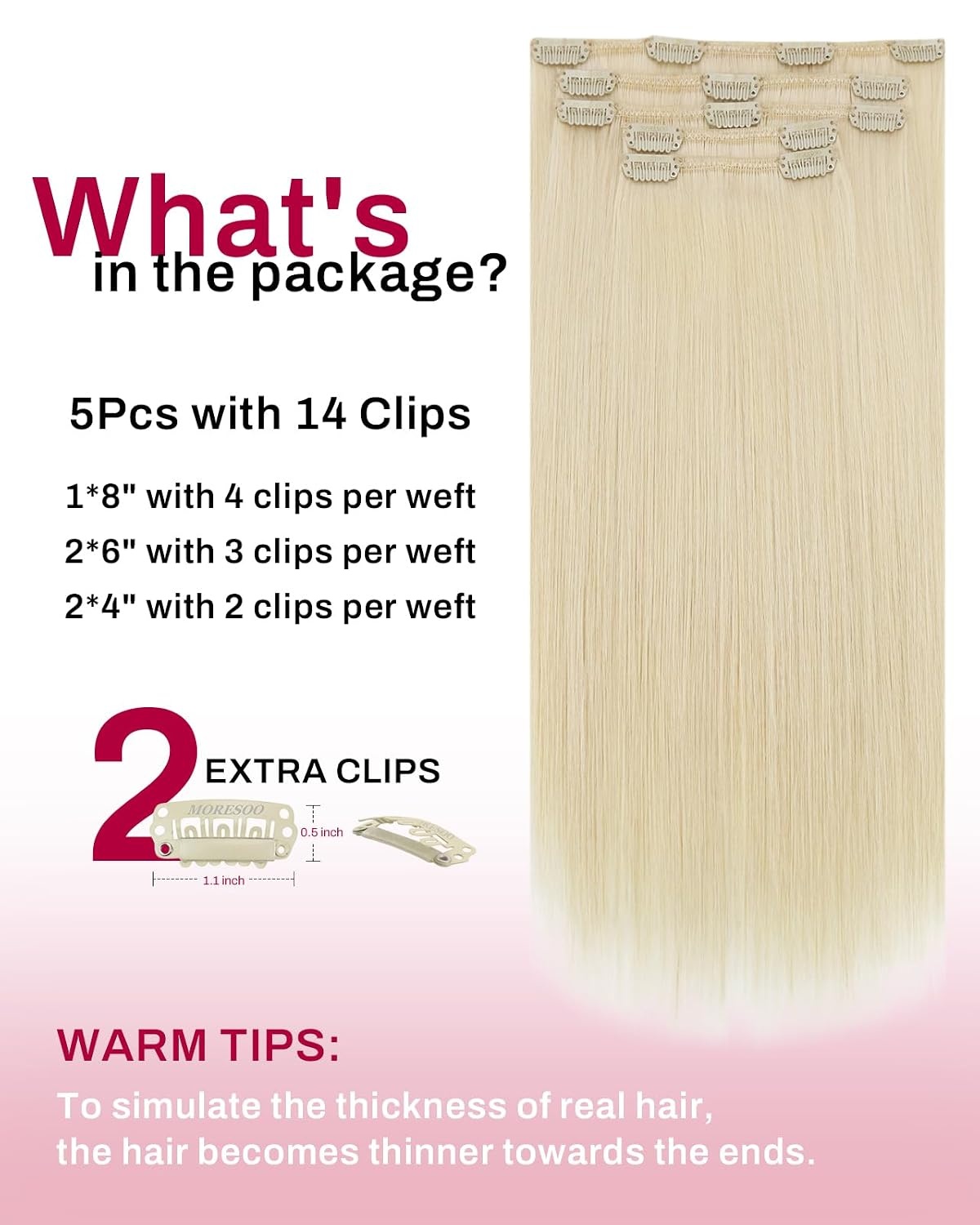 image:imageMoresoo Clip in Hair Extensions Copper Orange Human Hair 20 inch 120g60 Light Blonde