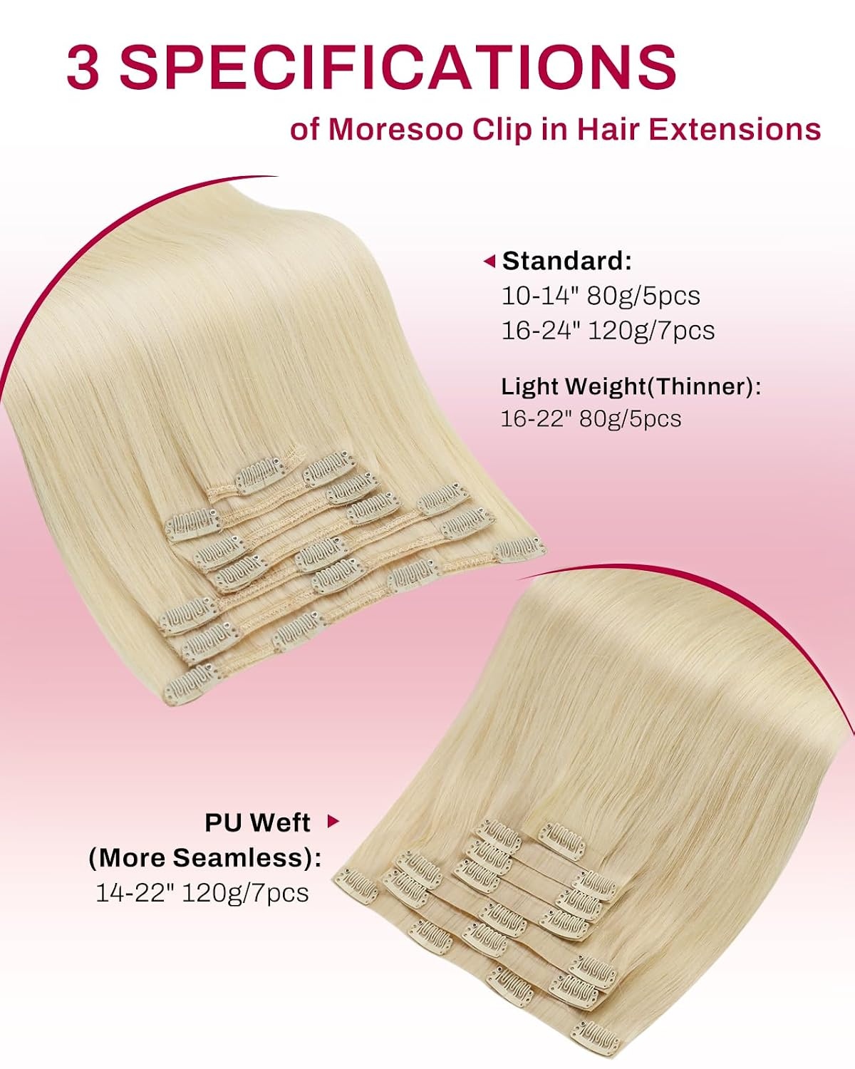 image:imageMoresoo Clip in Hair Extensions Copper Orange Human Hair 20 inch 120g60 Light Blonde