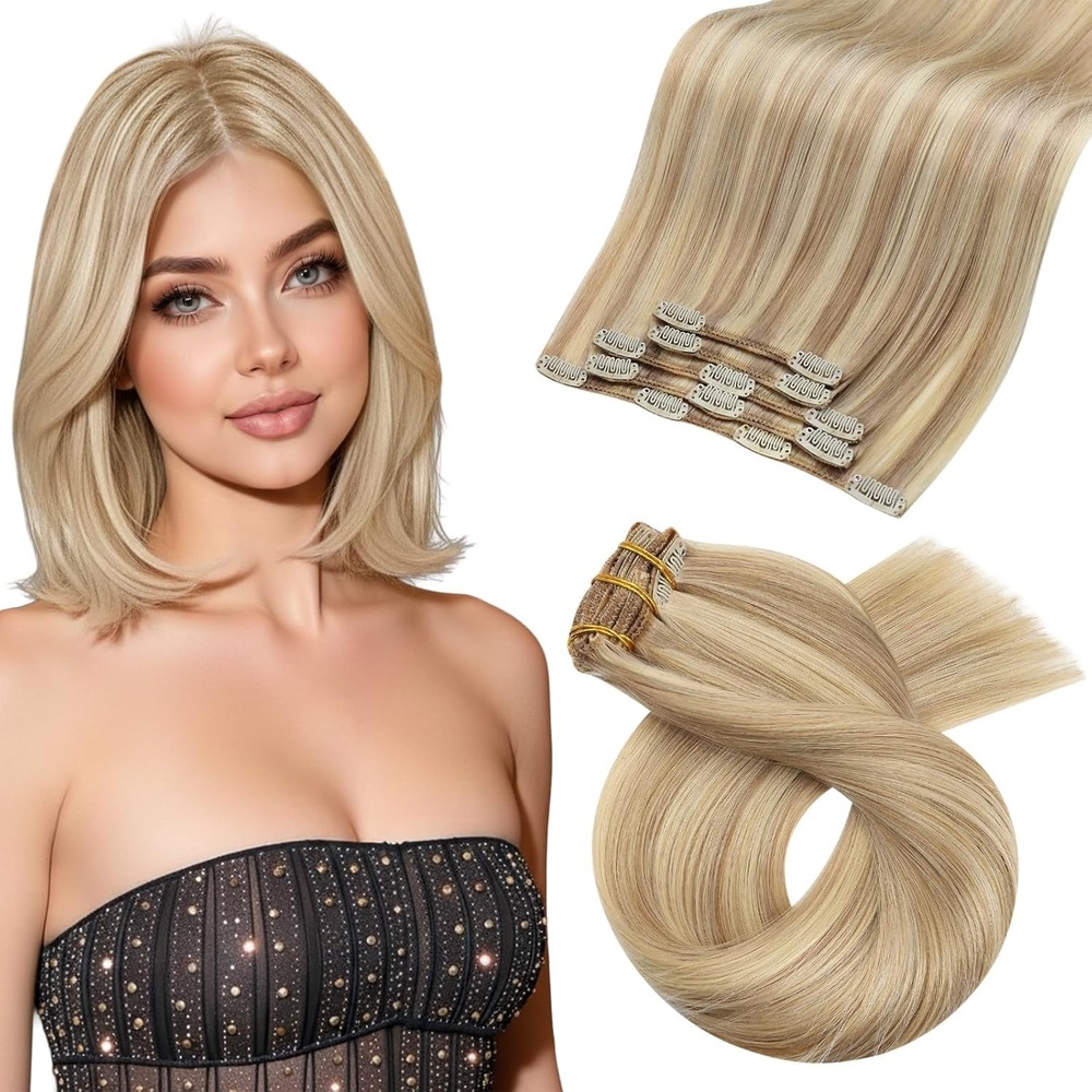 image:imageMoresoo Clip in Hair Extensions Copper Orange Human Hair 20 inch 120g P1622 Highlights Warm Beige Blonde with Light Gold Blonde